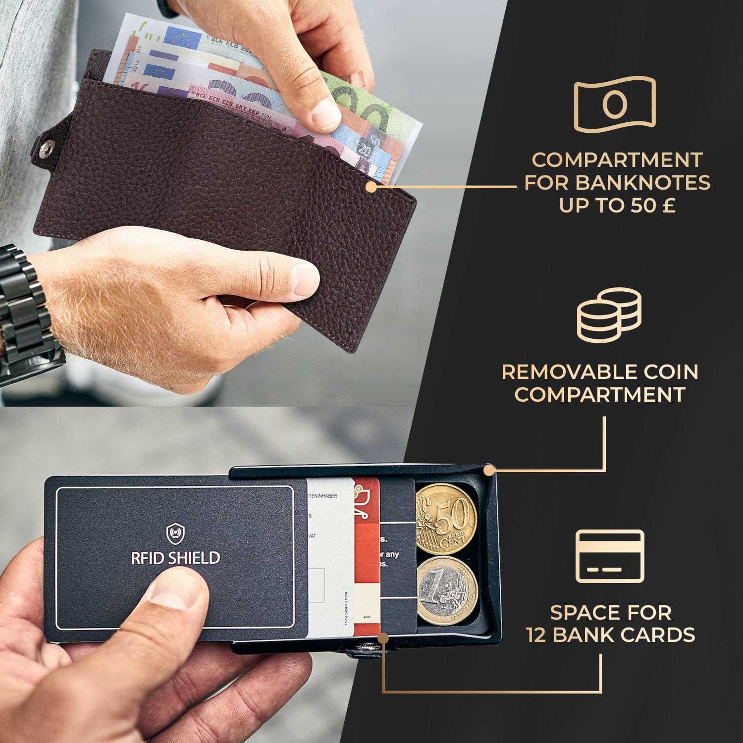 ZNAP Airtag Wallet, 12 kariet, priehradka na mince, 8,9 x 1,8 x 6,3 cm (Š x V x H), ochrana RFID zrnitý | Zemitá hnedá