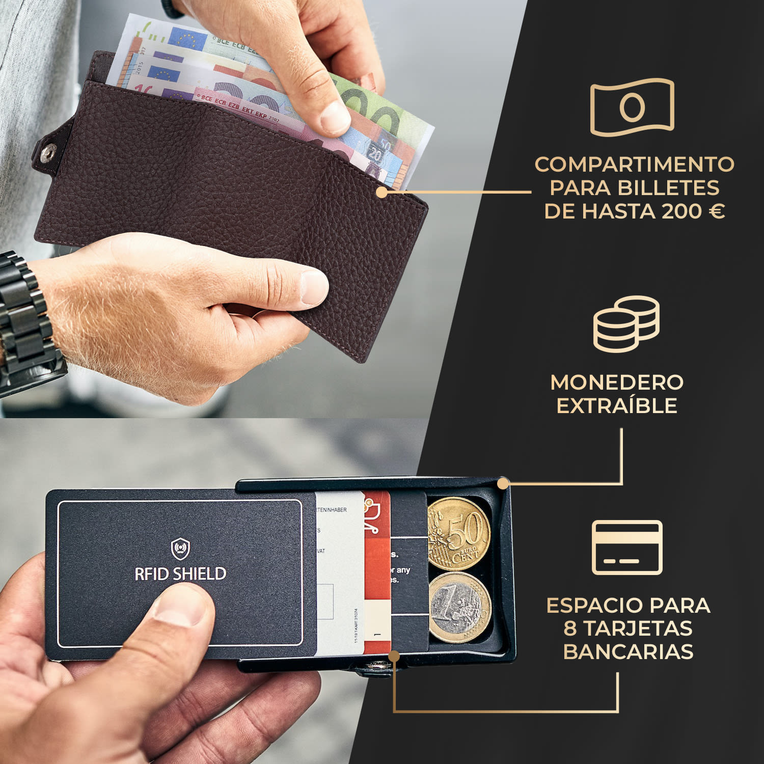 ZNAP Slim Wallet 8 Tarjetera monedero 8,9 x 1,5 x 6,3 cm (largo x grueso x ancho) protección RFID grano | Marrón Tierra