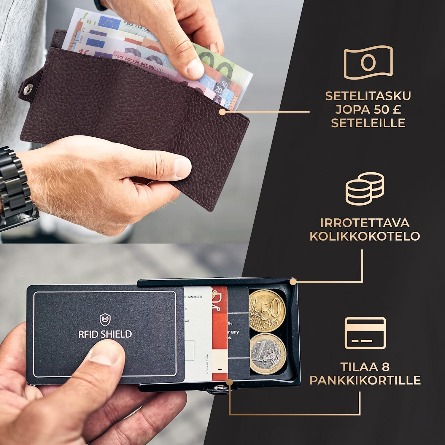ZNAP Airtag-lompakko 8 kortille, kolikkotasku, 8,9 x 1,5 x 6,3 cm (LxKxS), RFID-suojaus jaettu | Maanruskea