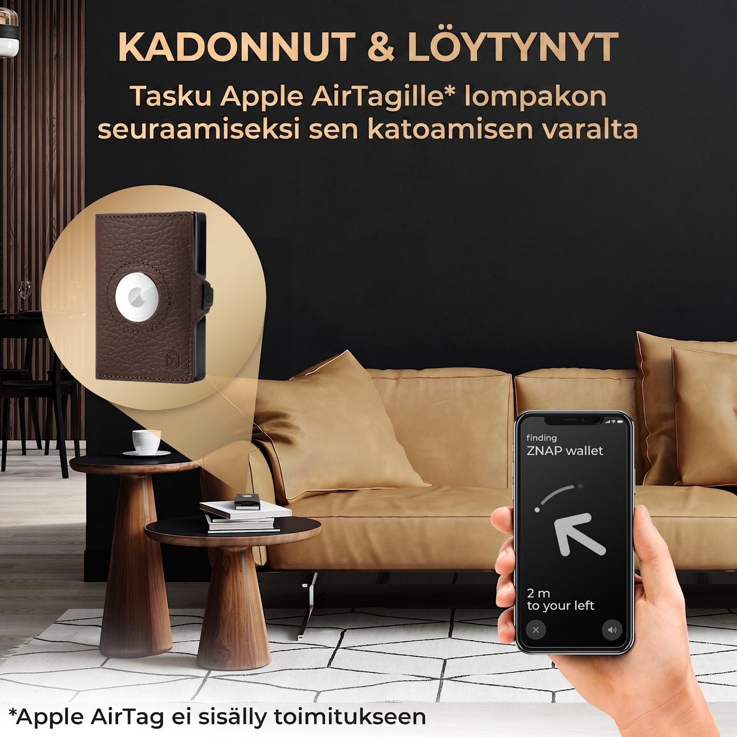 ZNAP Airtag-lompakko 8 kortille, kolikkotasku, 8,9 x 1,5 x 6,3 cm (LxKxS), RFID-suojaus jaettu | Maanruskea
