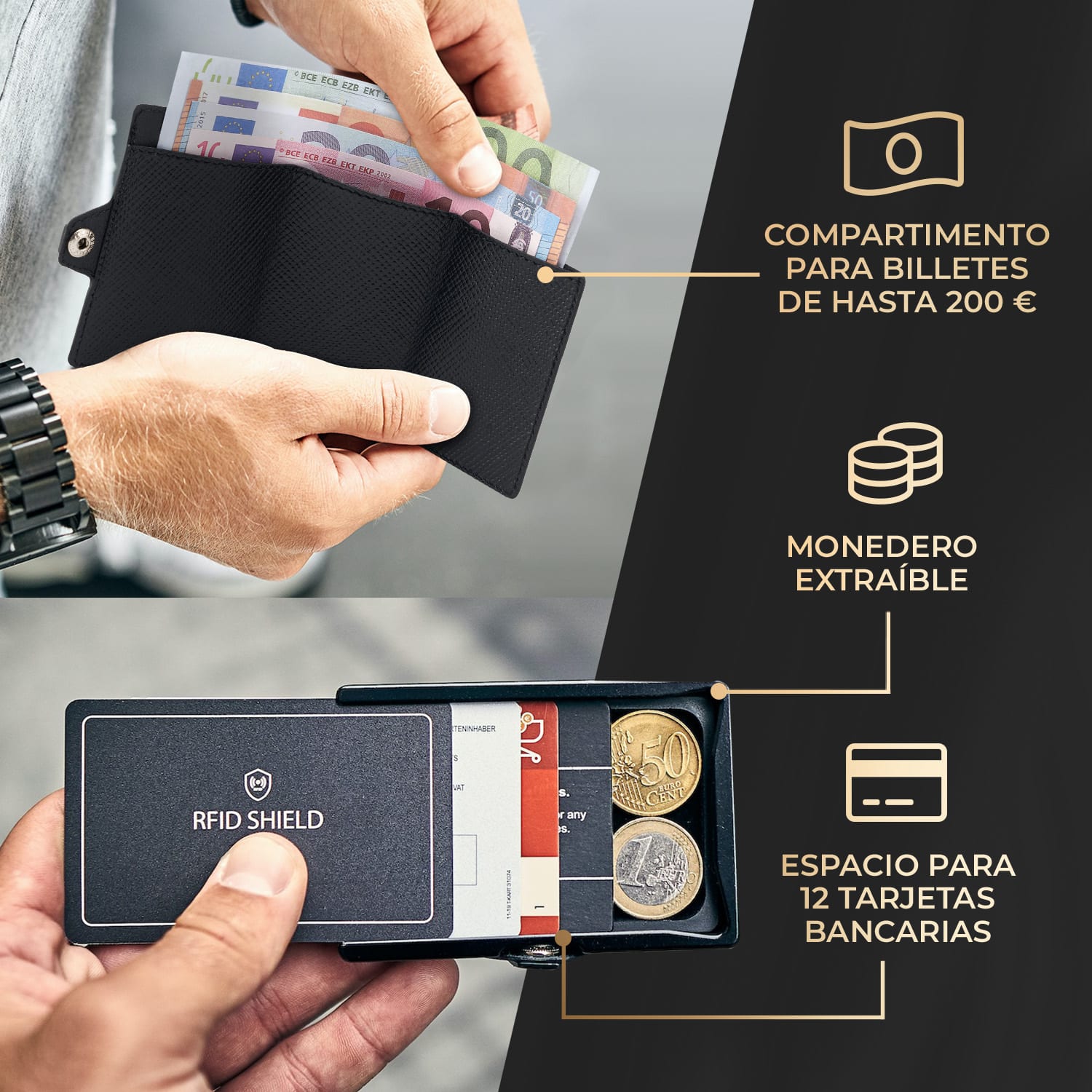 ZNAP Slim Wallet 12 Tarjetera monedero 8,9 x 1,8 x 6,3 cm (largo x grueso x ancho) protección RFID Saffiano | Negro