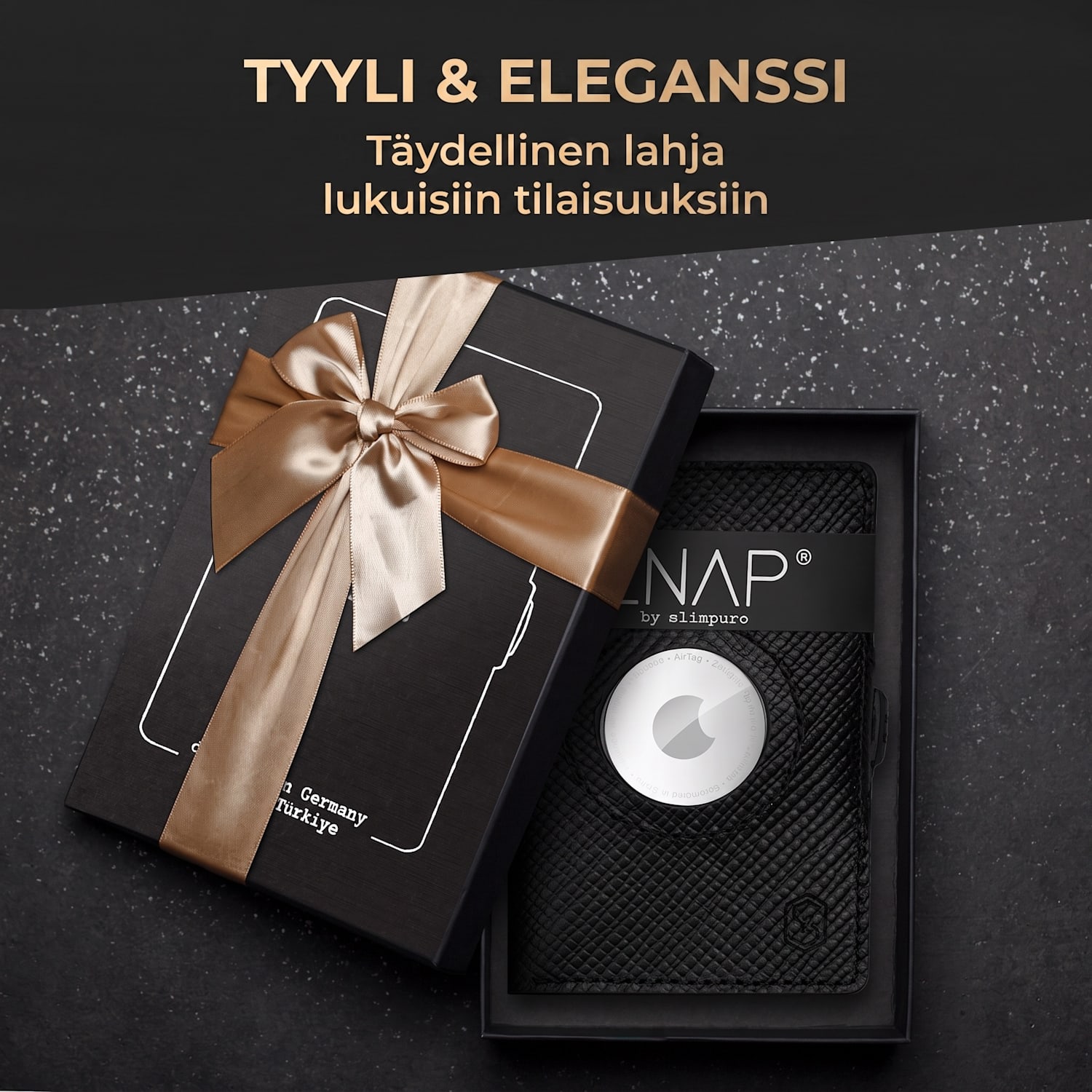 ZNAP Airtag-lompakko 12 kortille, kolikkotasku, 8,9 x 1,8 x 6,3 cm (LxKxS), RFID-suojaus Saffiano | Musta