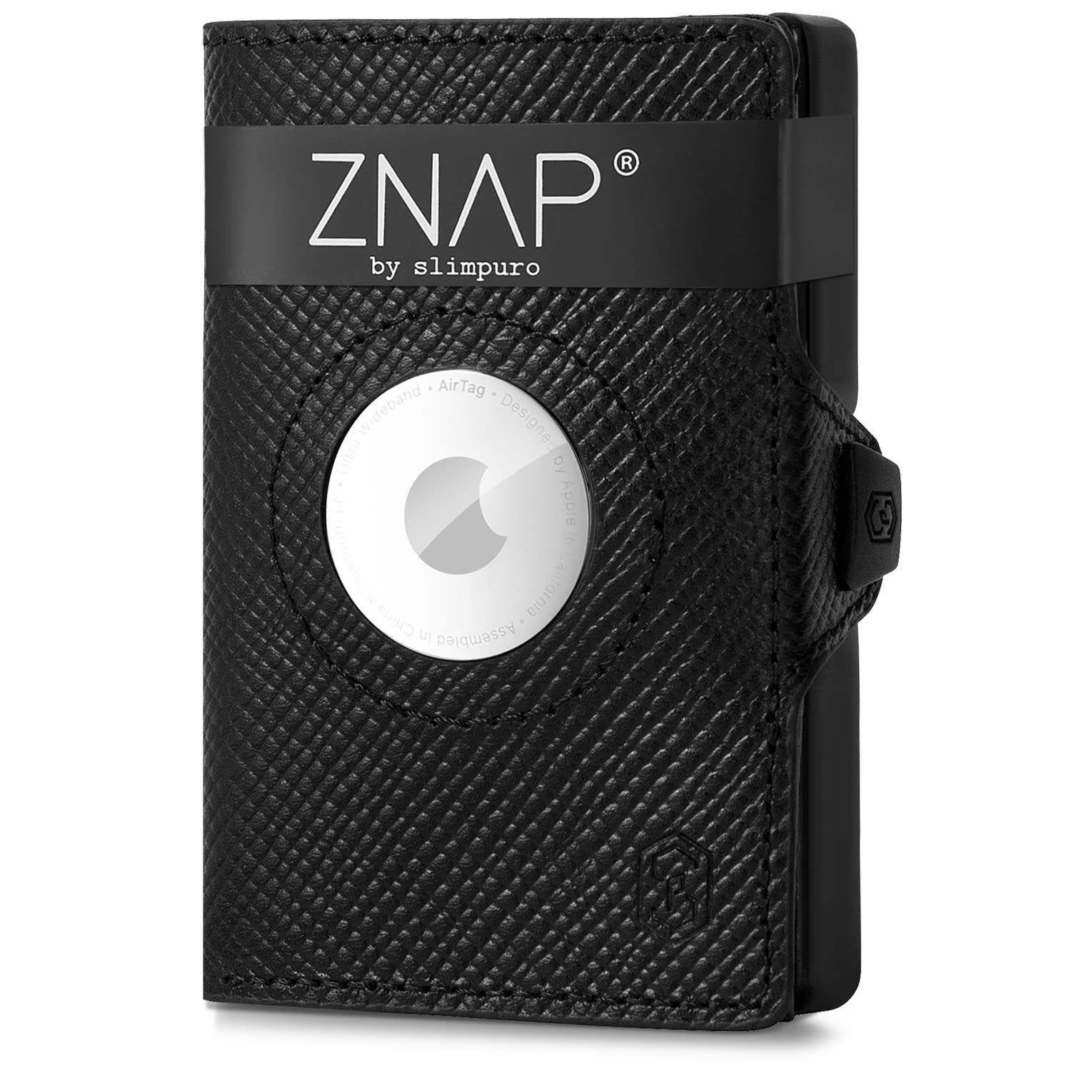 ZNAP Airtag Cartera para 8 tarjetas con compartimento para monedas 8,9 x 1,5 x 6,3 cm (AnxAlxPr) Protección RFID Saffiano | Negro