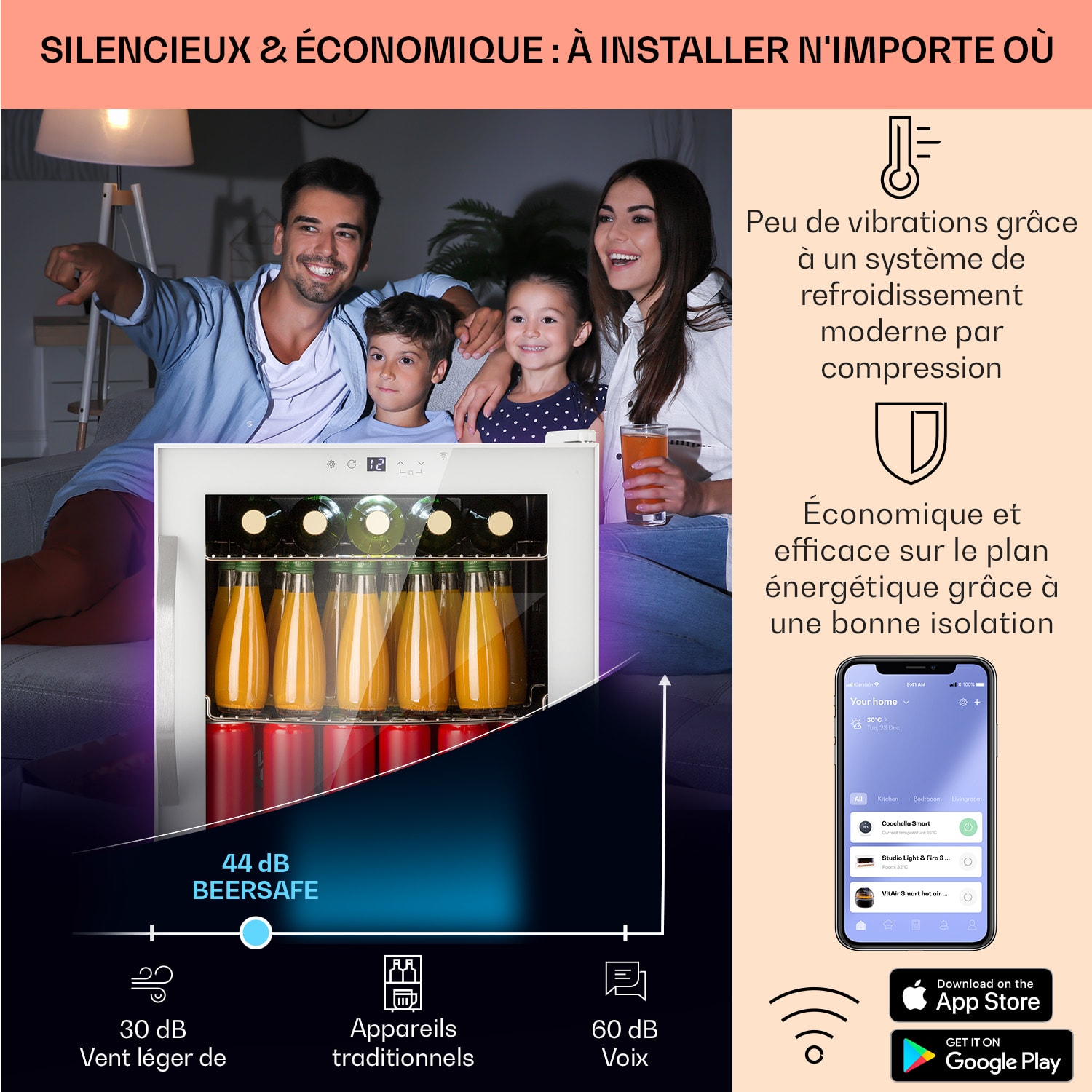 Coachella 50 Cave à vin 47 litres Fonction WiFi Rétroéclairage Acier inoxydable 50 L | Blanc