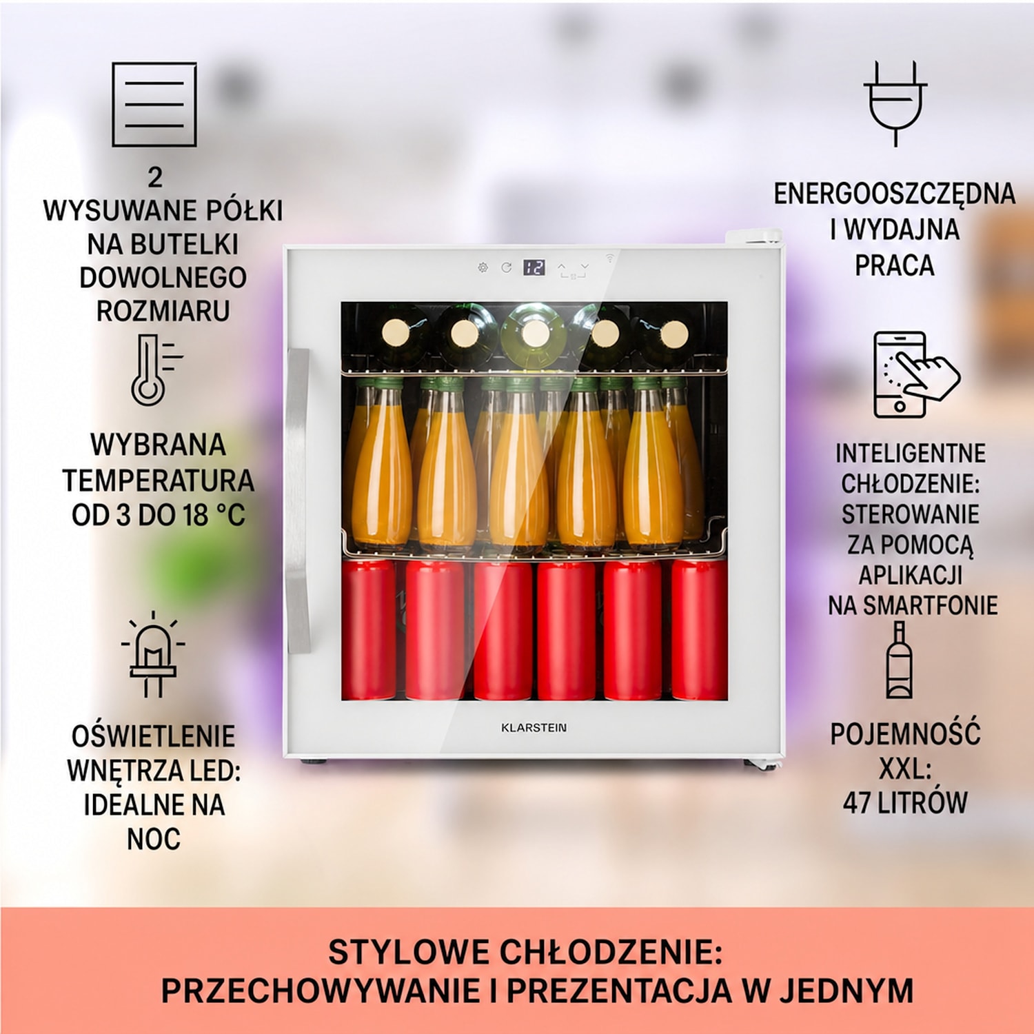 Coachella 50 Smart, lodówka na napoje, chłodziarka, 50 l, WiFi, podświetlenie, stal nierdzewna 50 L | Biały
