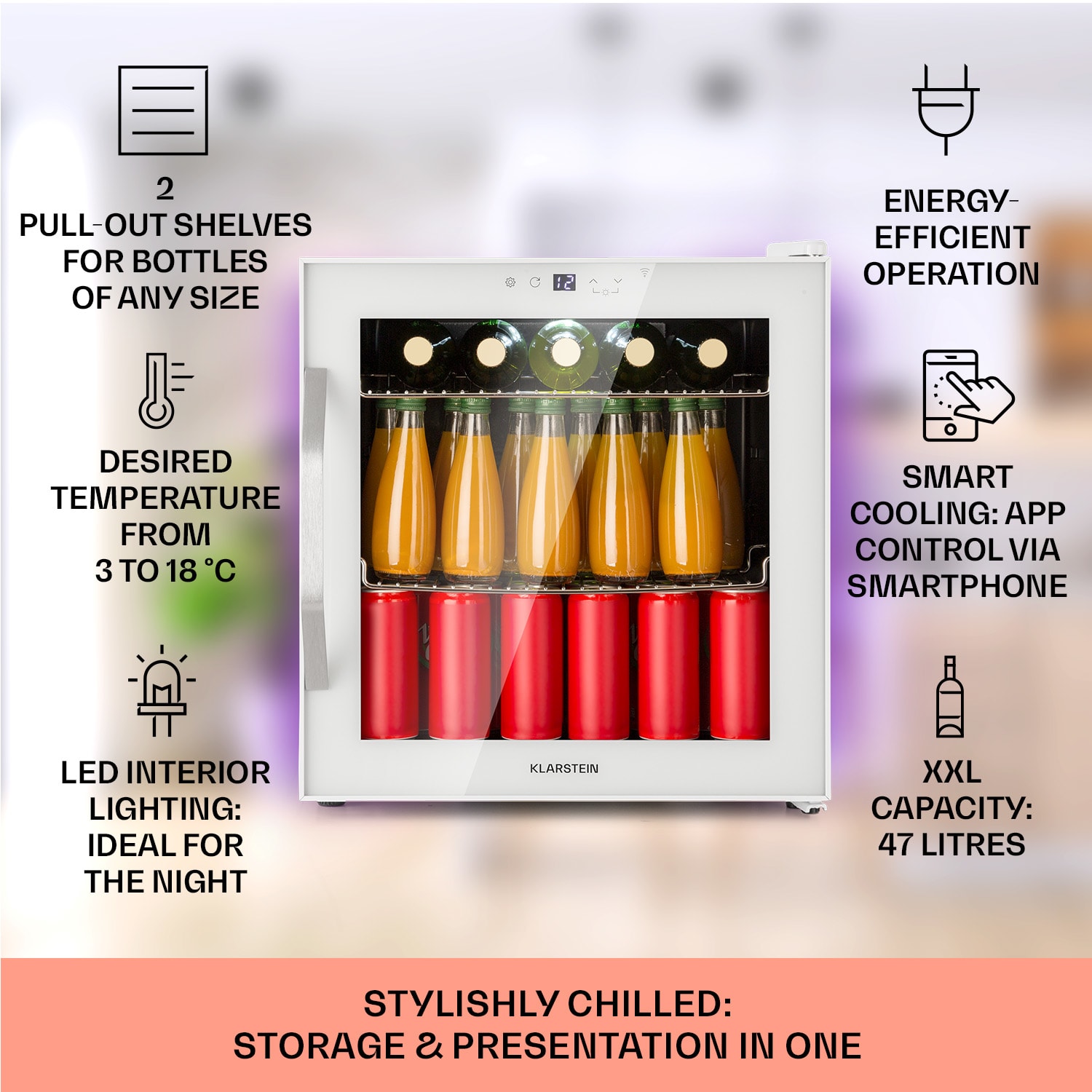 Coachella 50 Smart, chladnička, 50 l, funkcia WiFi, podsvietenie, nehrdzavejúca oceľ. 50 litrov | Biela