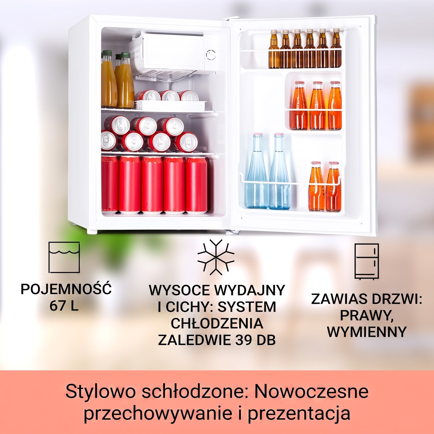 Fargo 67, mini lodówka na napoje z zamrażalnikiem, minibar, 67 l/4 l Biały