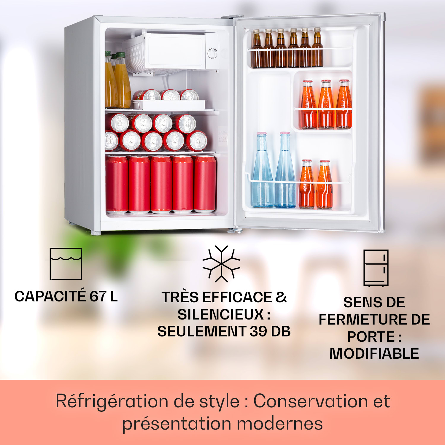 Fargo 67 Réfrigérateur minibar 67 litres / compartiment congélateur 4 litres compact Argent Métallisé