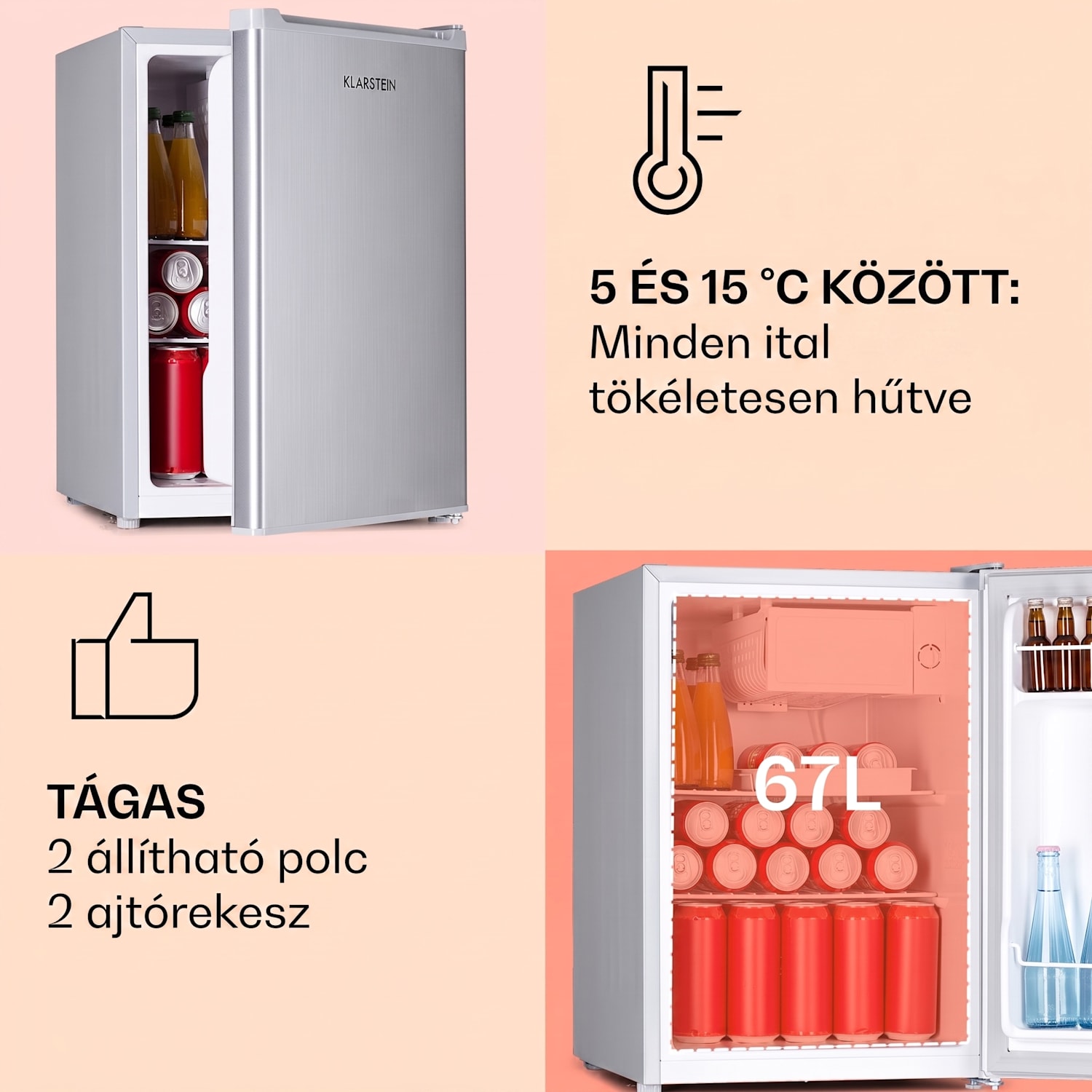 Fargo 67, minibár, 67 liter hűtőszekrény, 4 liter fagyasztó, kompakt Ezüst metál
