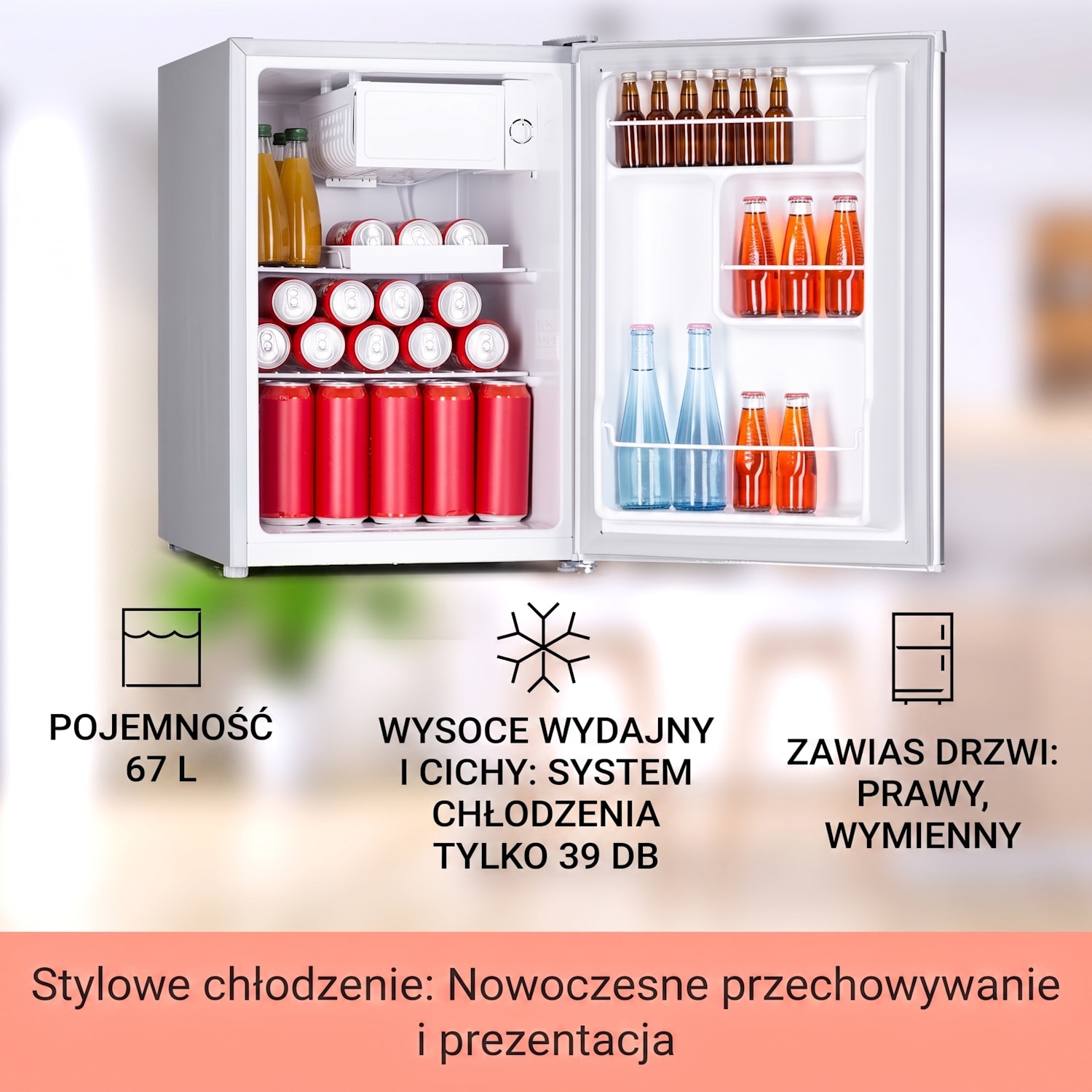 Fargo 67, mini lodówka na napoje z zamrażalnikiem, minibar, 67 l/4 l Srebrny Metal