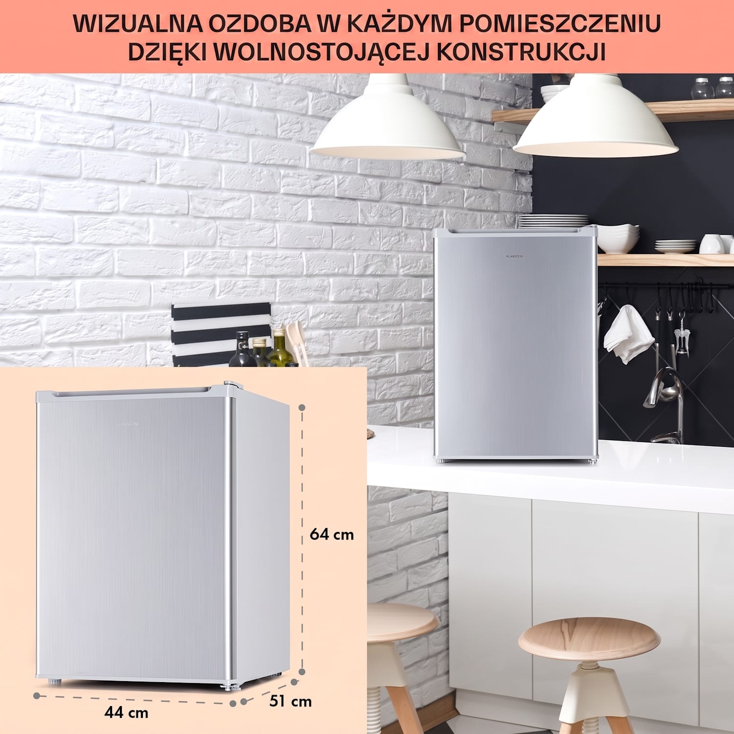 Fargo 67, mini lodówka na napoje z zamrażalnikiem, minibar, 67 l/4 l Srebrny Metal