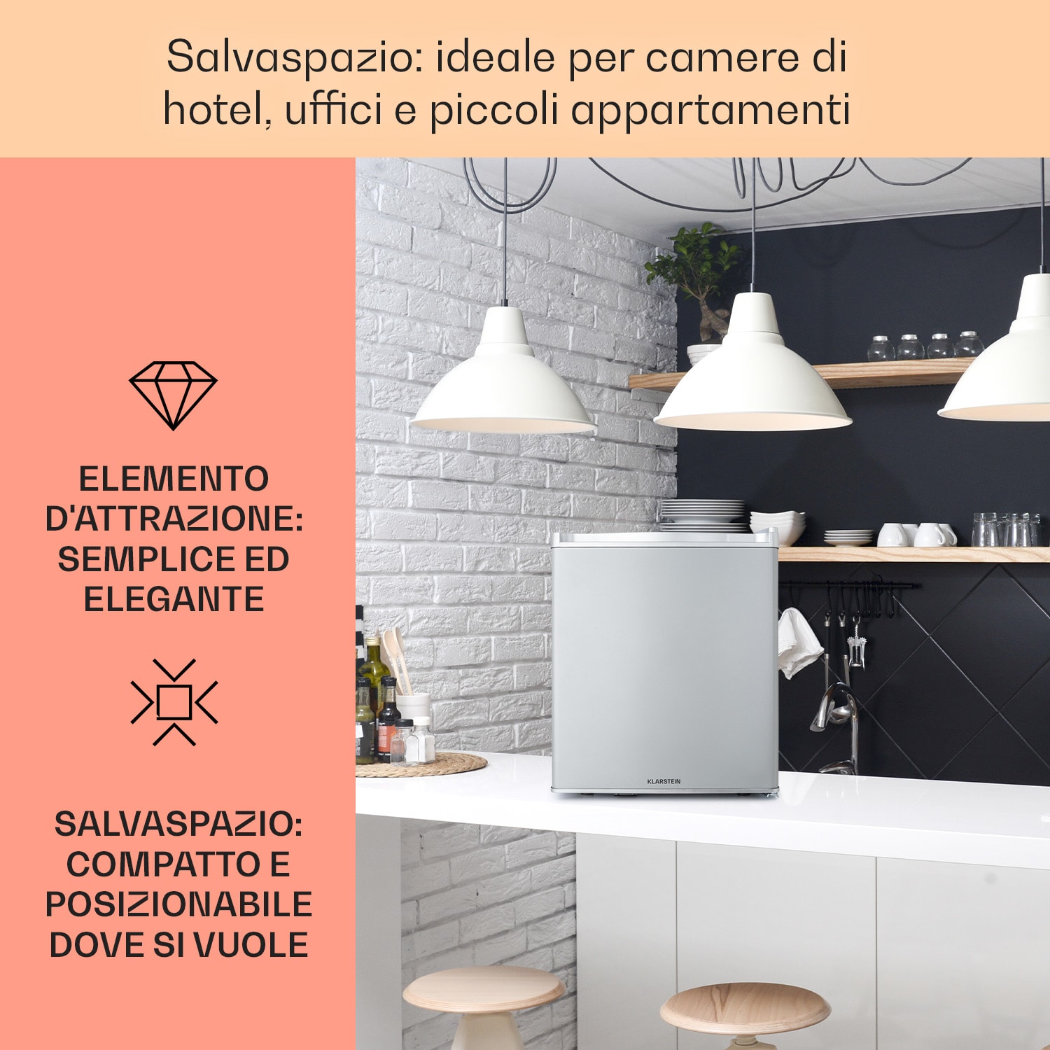 Happy Hour 38 - Mini frigo, minibar, frigorifero per bevande, 38 L, 26 dB 38 Ltr | Argento