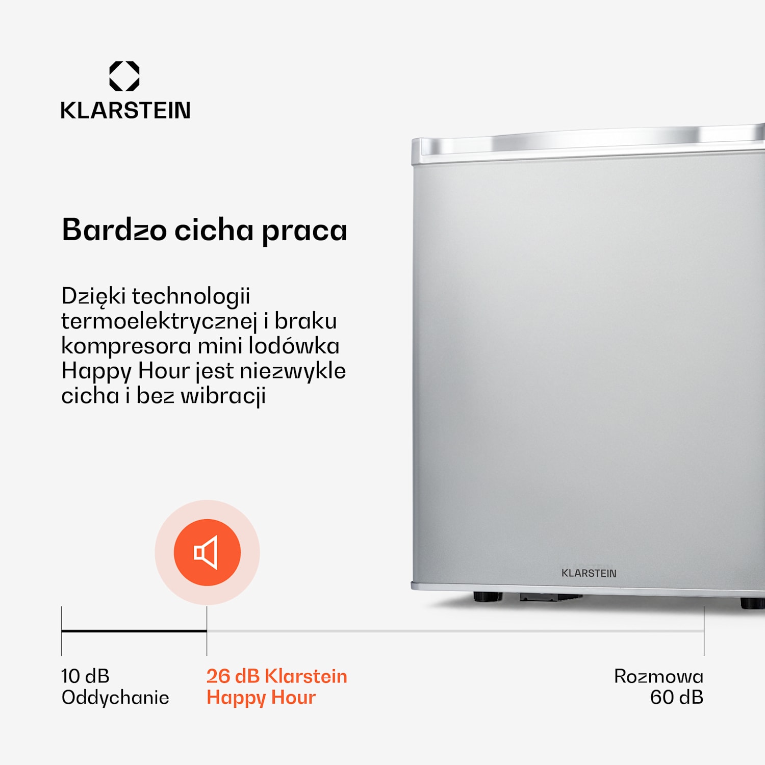 Happy Hour 38, mini lodówka, chłodziarka na napoje, 38 l, 26 dB 38 Ltr | F | Srebrny