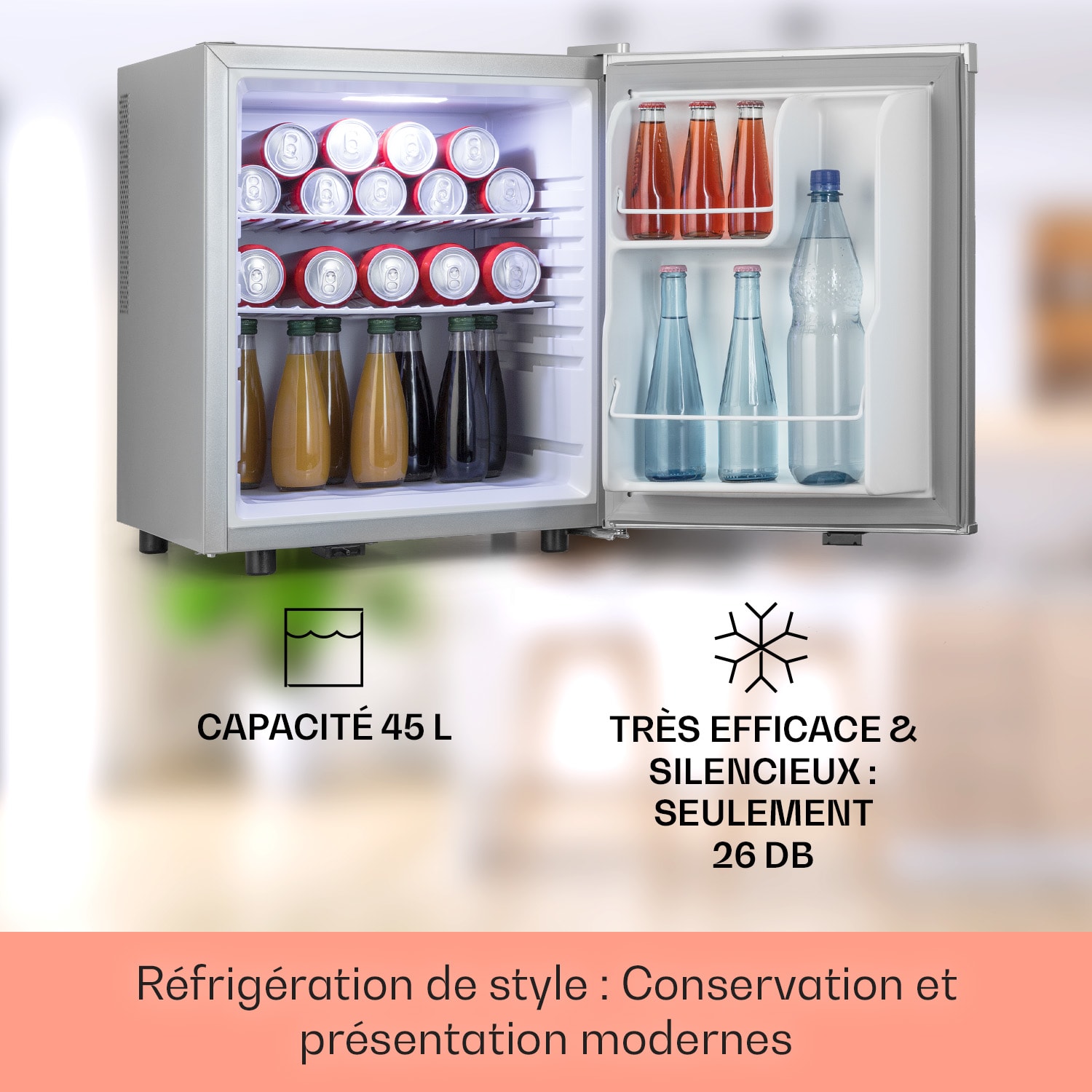 Happy Hour 45 mini réfrigérateur minibar réfrigérateur à boissons 45 litres 26 dB    45 L | Argent