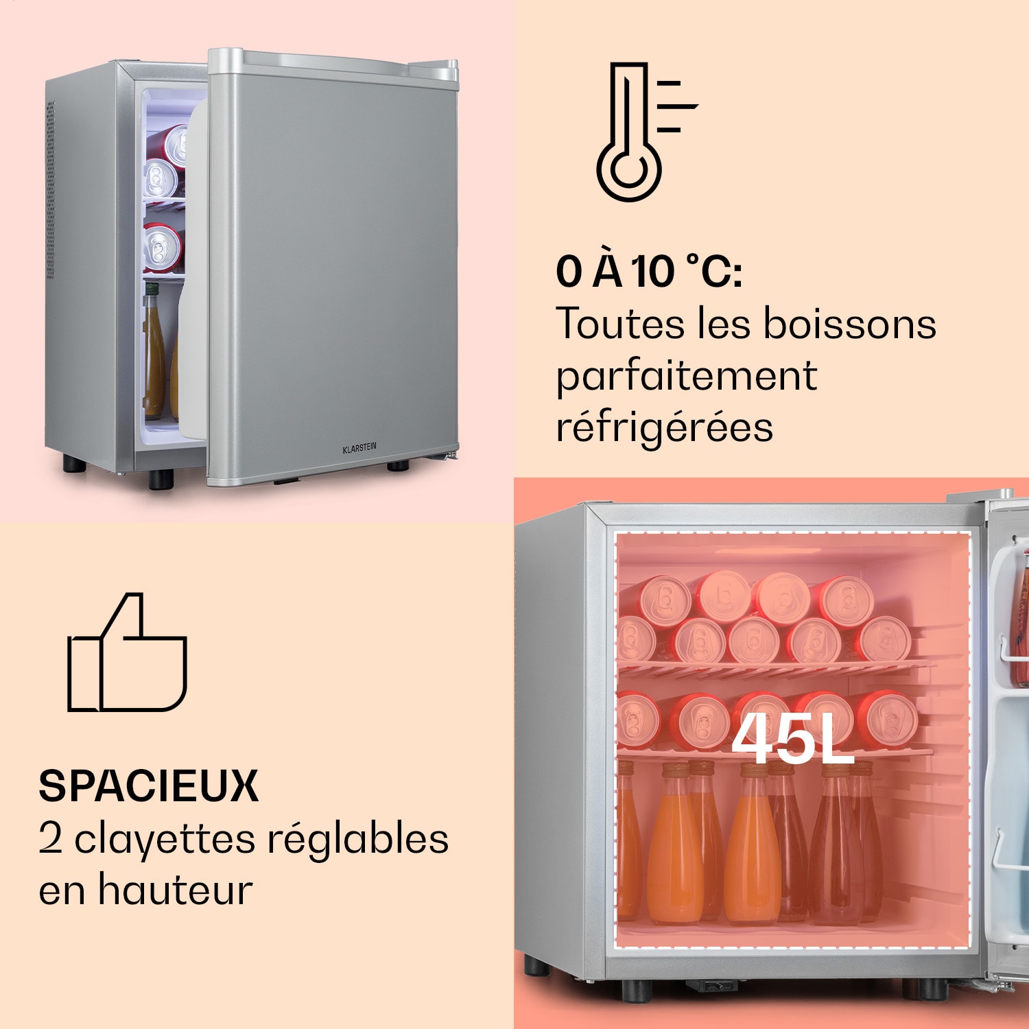 Happy Hour 45 mini réfrigérateur minibar réfrigérateur à boissons 45 litres 26 dB    45 L | Argent