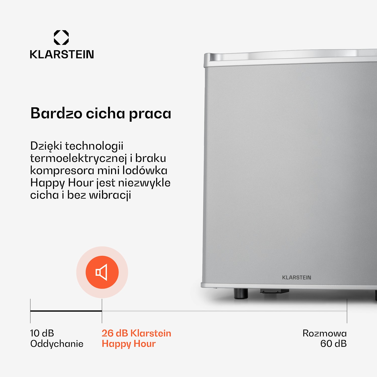 Happy Hour 45, mini lodówka, chłodziarka na napoje, 45 l, 26 dB 45 Ltr | C | Srebrny