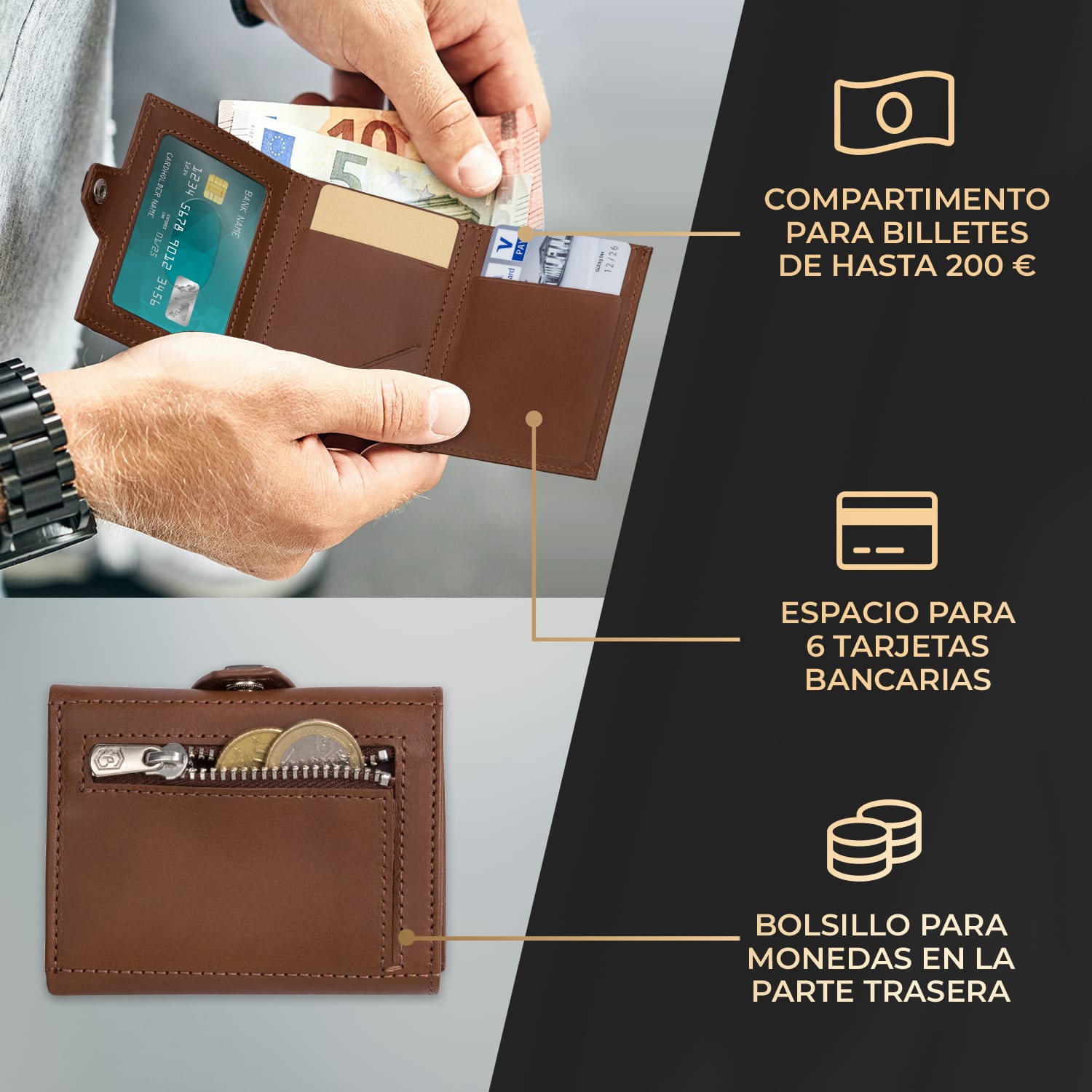 TRYO Cartera Trifold Airtag 12 tarjetas Bolsillo para monedas 9,2 x 2,2 x 7,5 cm (ancho x fondo) Protección RFID Marrón Tierra