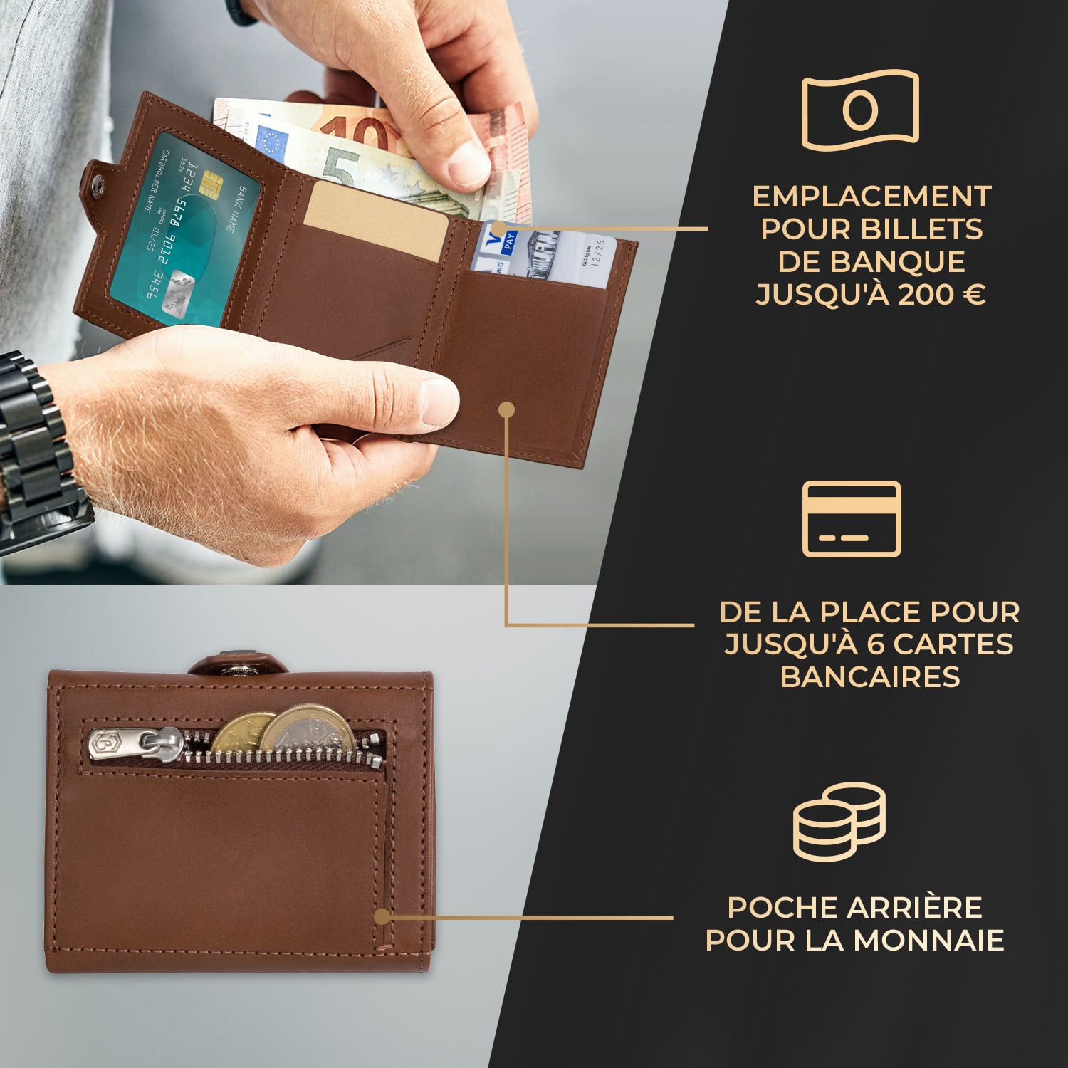 TRYO Trifold Airtag portefeuille 12 cartes Compartiment monnaie 9,2 x 2,2 x 7,5 cm (LxHxP) Protection RFID Brun Terre