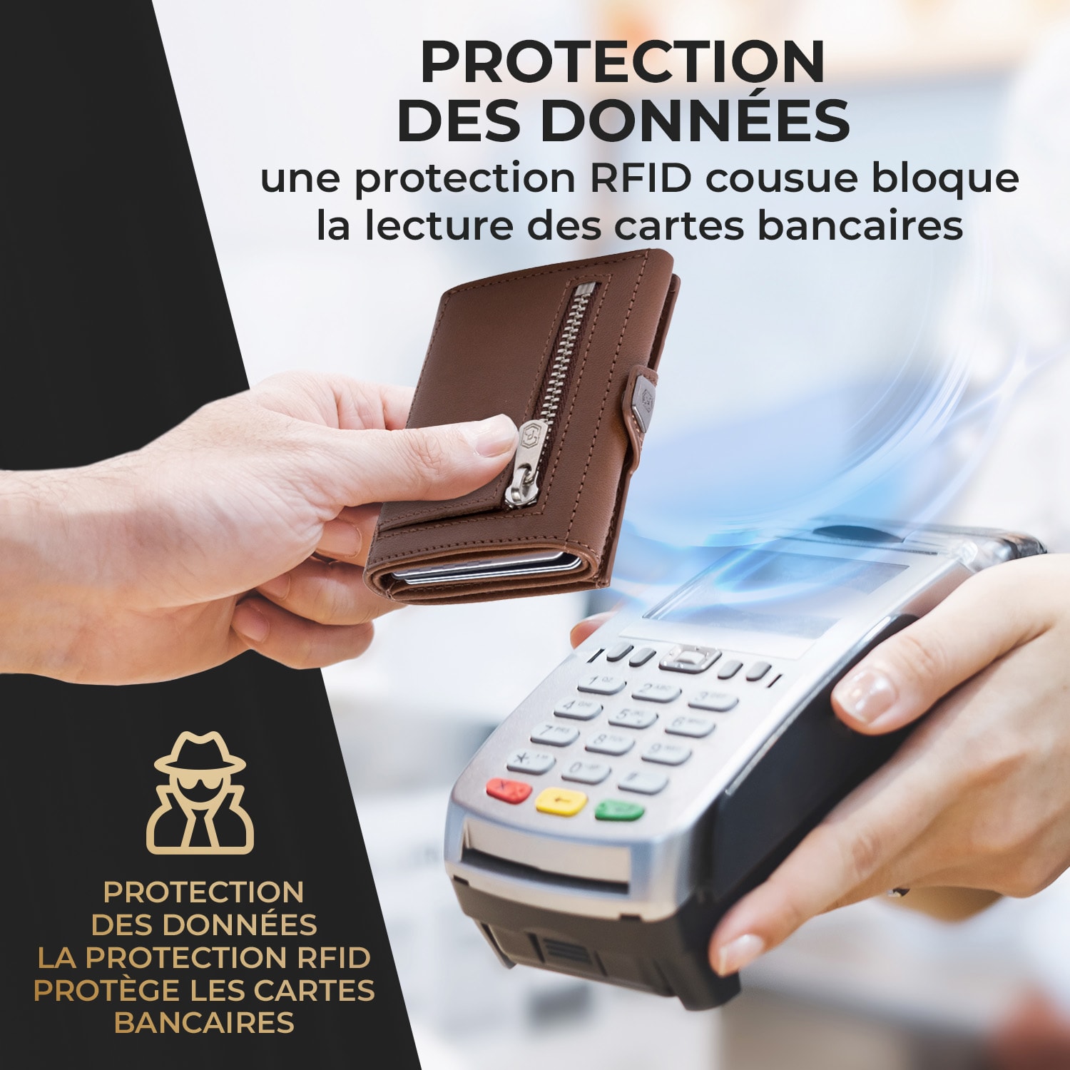 TRYO Trifold Airtag portefeuille 12 cartes Compartiment monnaie 9,2 x 2,2 x 7,5 cm (LxHxP) Protection RFID Brun Terre