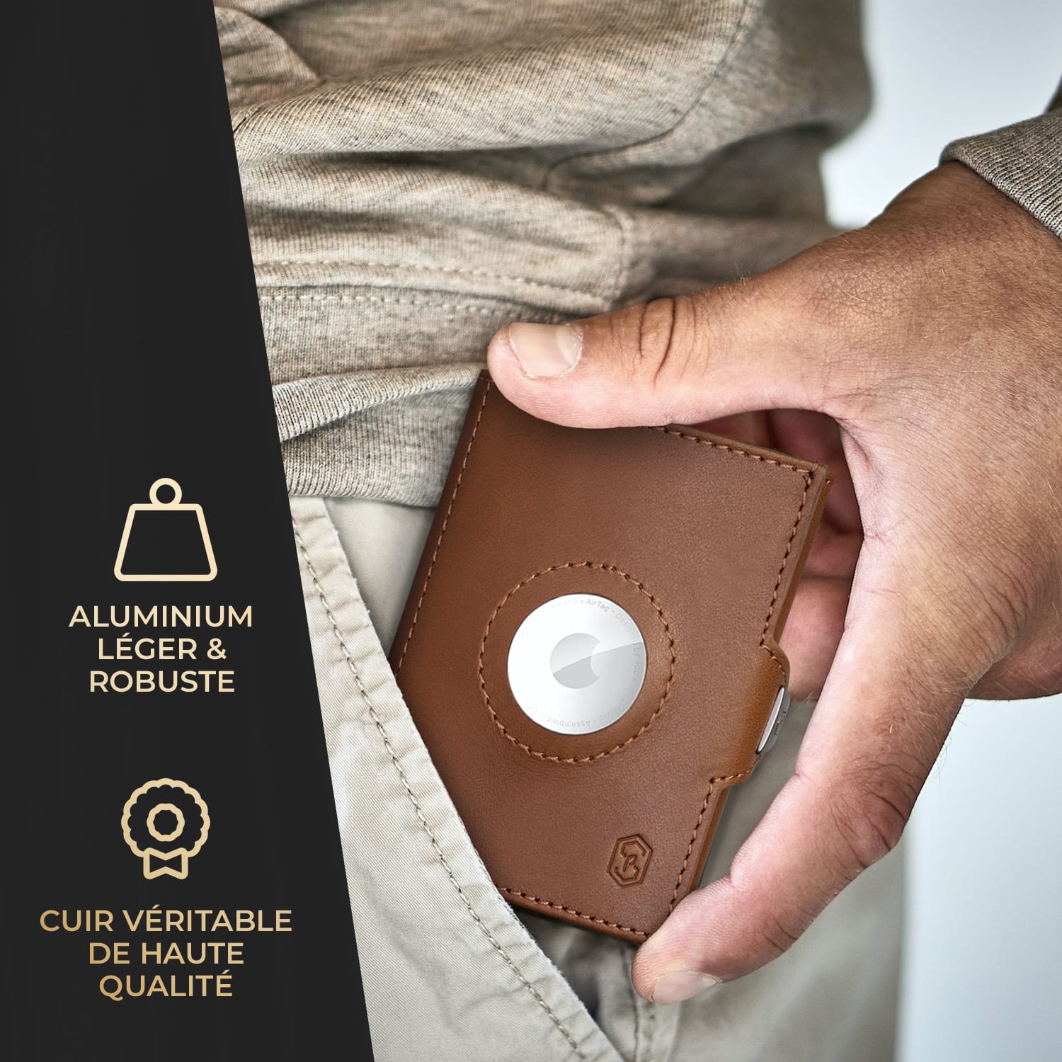 TRYO Trifold Airtag portefeuille 12 cartes Compartiment monnaie 9,2 x 2,2 x 7,5 cm (LxHxP) Protection RFID Brun Terre