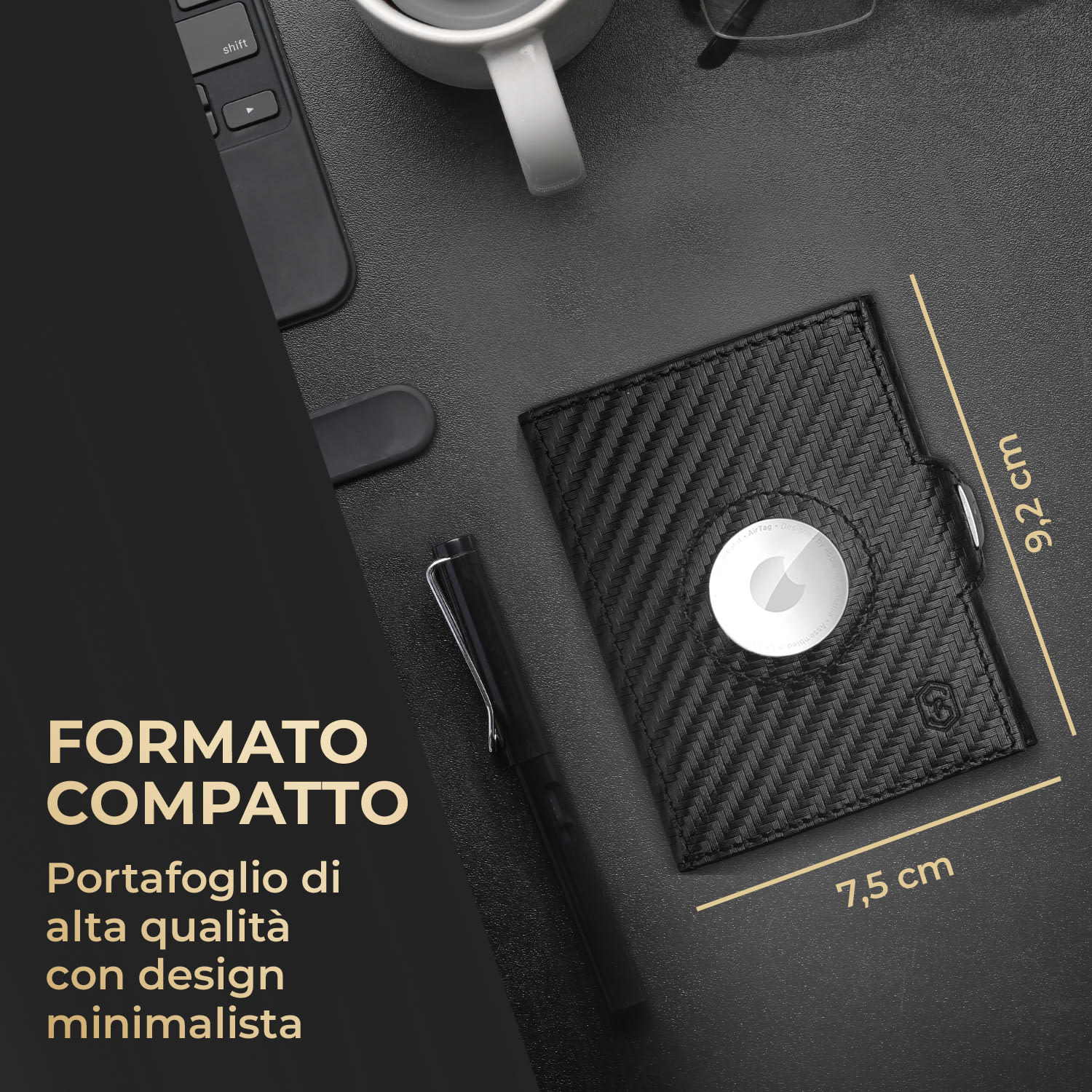 TRYO Trifold Airtag - Portafogli, 12 carte, portamonete, 9,2 x 2,2 x 7,5 cm (LxHxP), protezione RFID Carbon