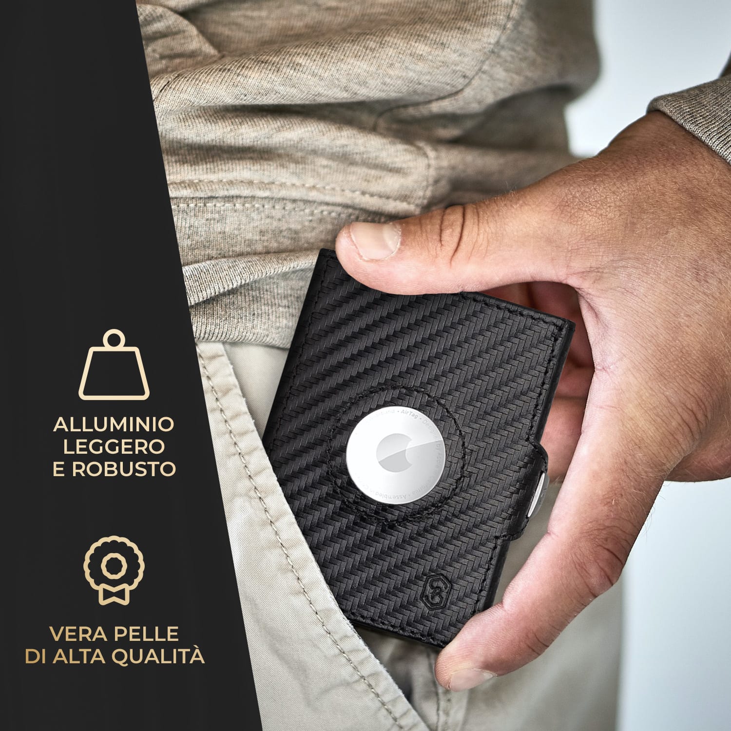 TRYO Trifold Airtag - Portafogli, 12 carte, portamonete, 9,2 x 2,2 x 7,5 cm (LxHxP), protezione RFID Carbon