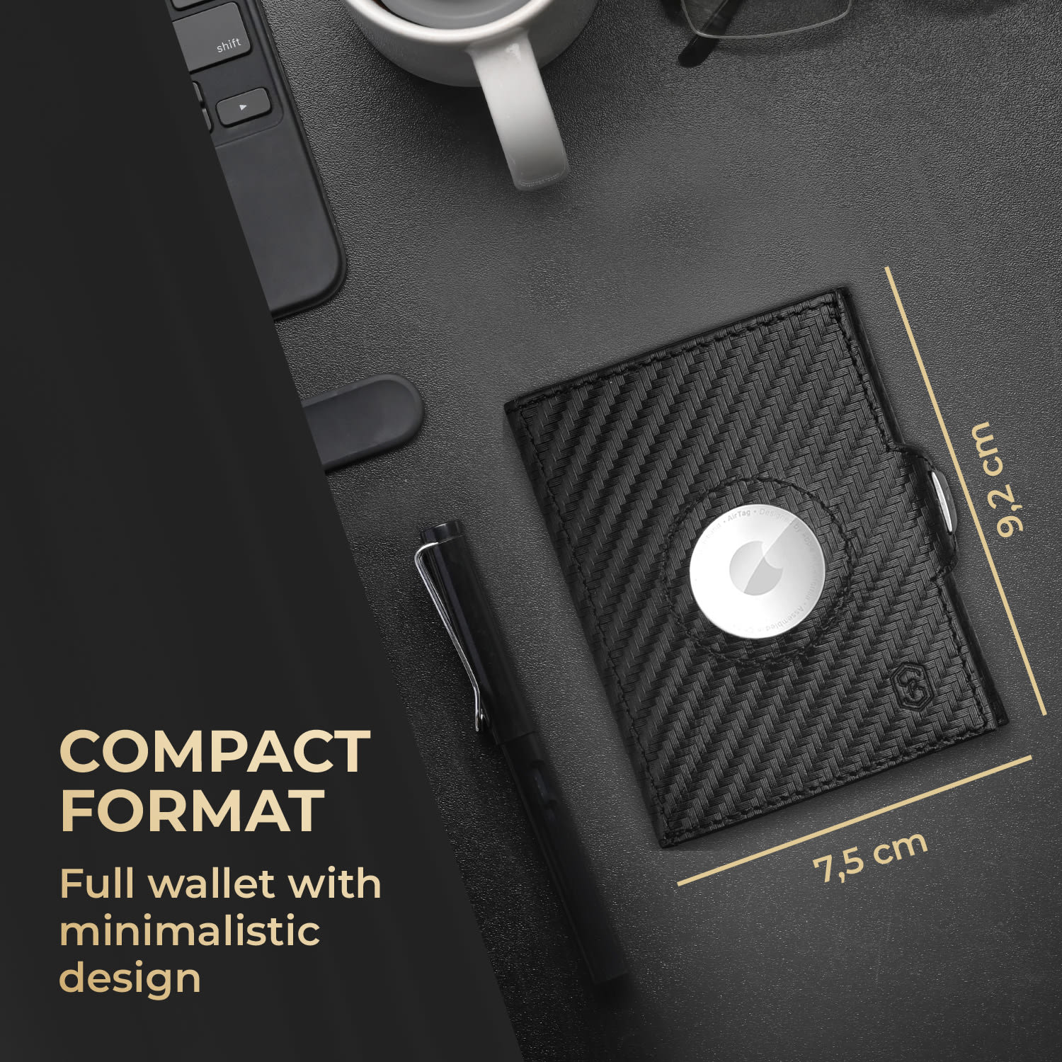 TRYO Trifold Airtag Wallet, 12 карти, джоб за монети, 9,2 x 2,2 x 7,5 см (Ш x В x Д), защита RFID Carbon