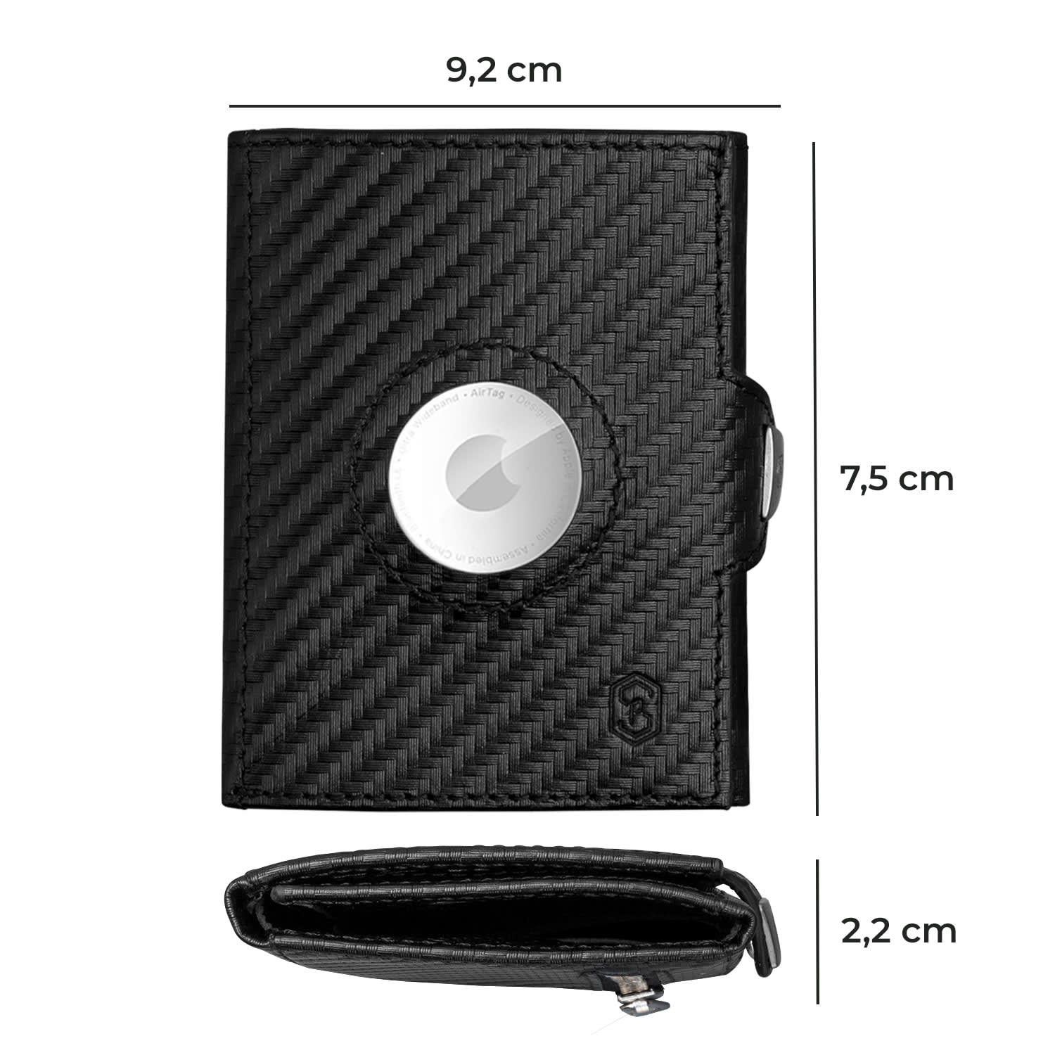 TRYO Trifold Airtag Wallet, 12 карти, джоб за монети, 9,2 x 2,2 x 7,5 см (Ш x В x Д), защита RFID Carbon