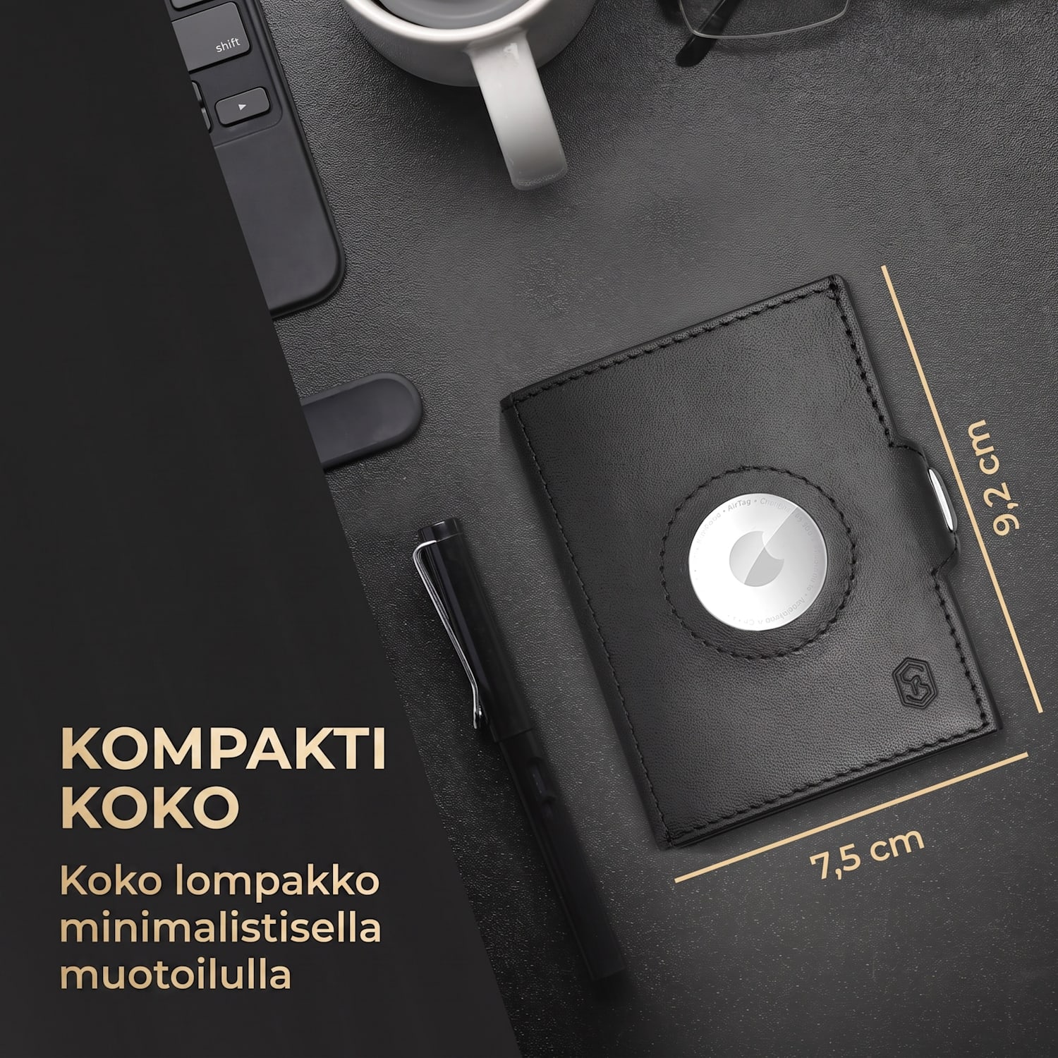 TRYO Trifold Airtag lompakko 12 kortille kolikkotasku 9,2 x 2,2 x 7,5 cm (leveys x korkeus x syvyys) RFID-suoja Musta