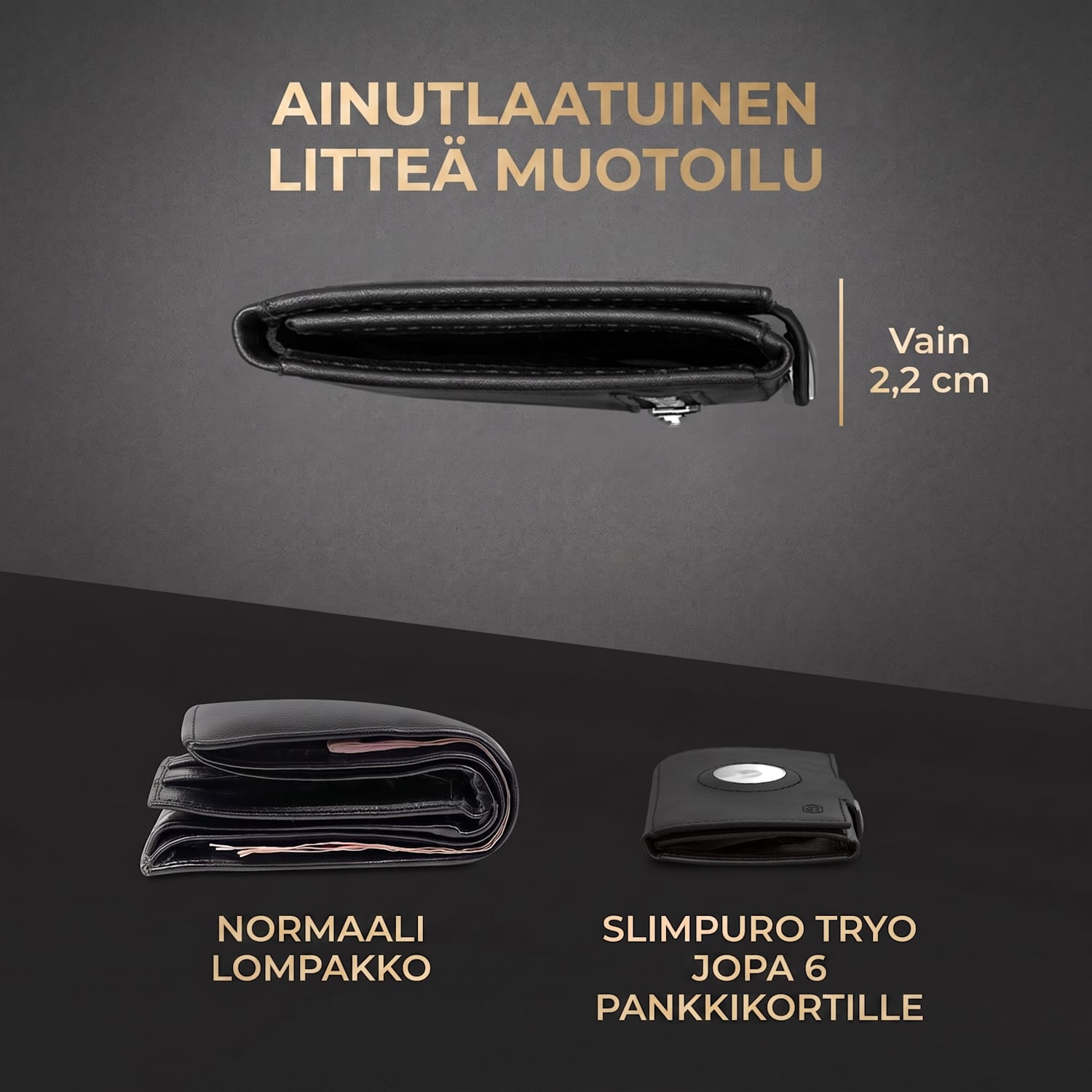 TRYO Trifold Airtag lompakko 12 kortille kolikkotasku 9,2 x 2,2 x 7,5 cm (leveys x korkeus x syvyys) RFID-suoja Musta
