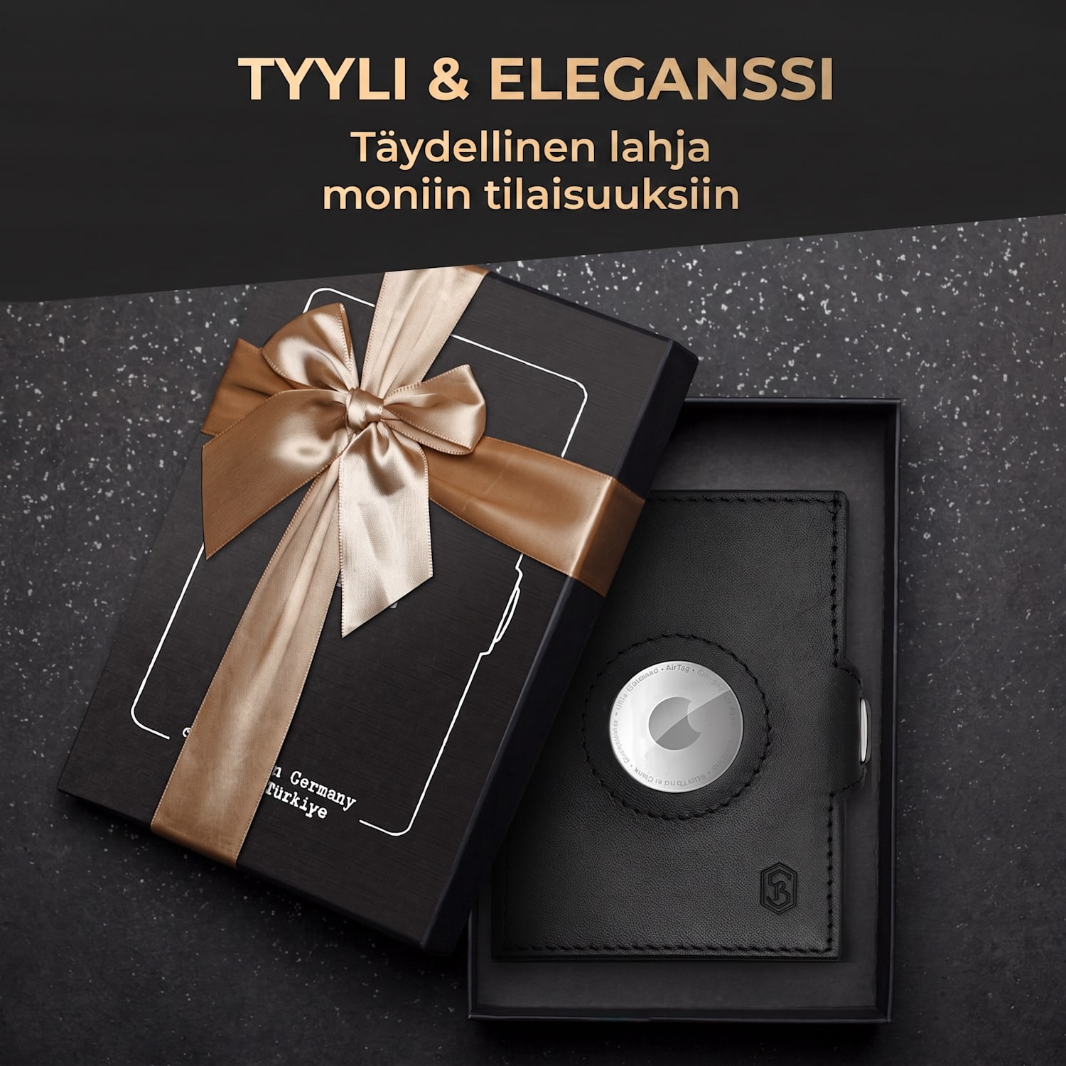 TRYO Trifold Airtag lompakko 12 kortille kolikkotasku 9,2 x 2,2 x 7,5 cm (leveys x korkeus x syvyys) RFID-suoja Musta