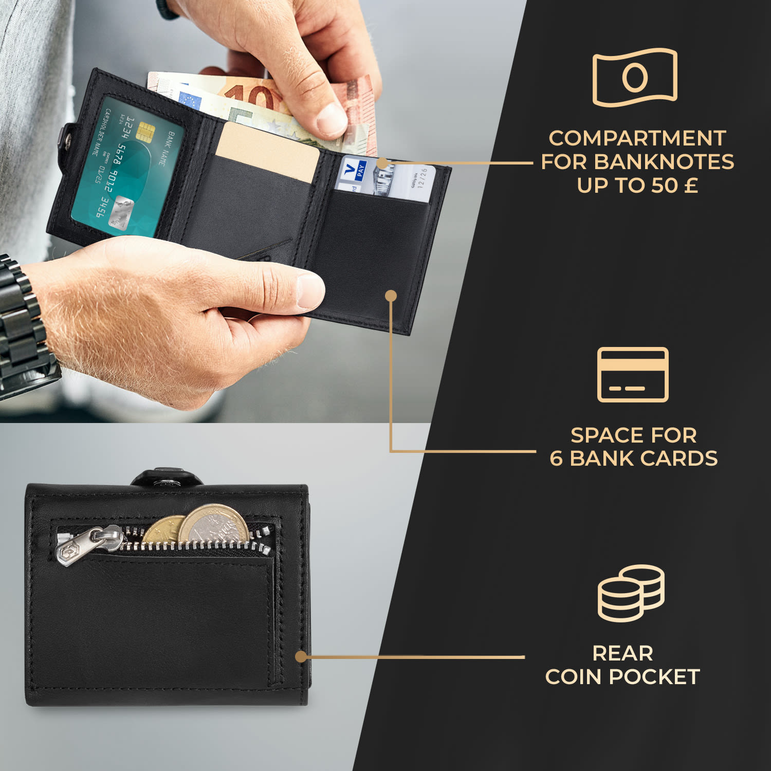 TRYO Trifold Airtag Wallet, 12 kariet, vrecko na mince, 9,2 x 2,2 x 7,5 cm (Š x V x H), ochrana RFID Čierna