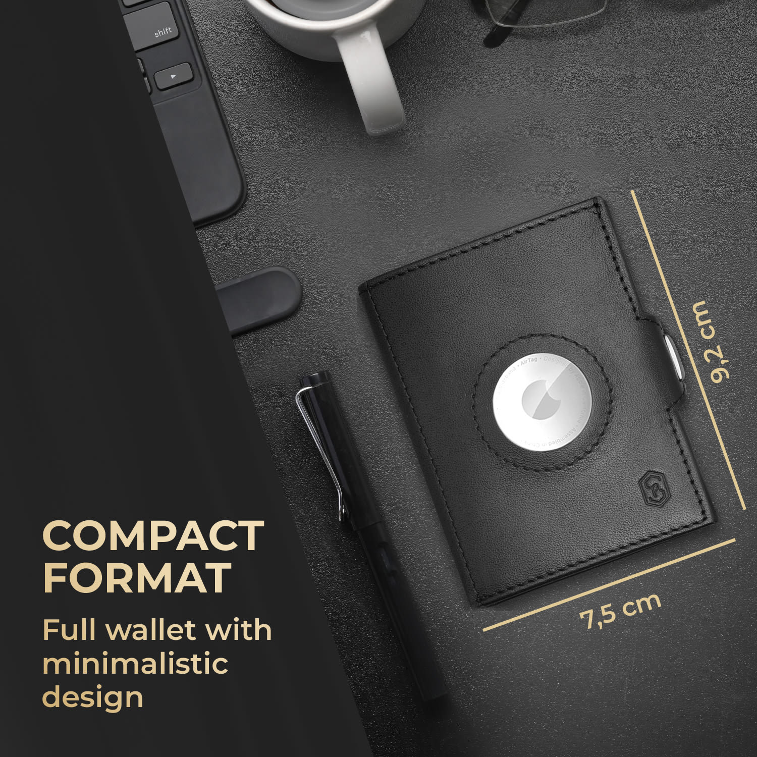 TRYO Trifold Airtag Wallet, 12 kariet, vrecko na mince, 9,2 x 2,2 x 7,5 cm (Š x V x H), ochrana RFID Čierna
