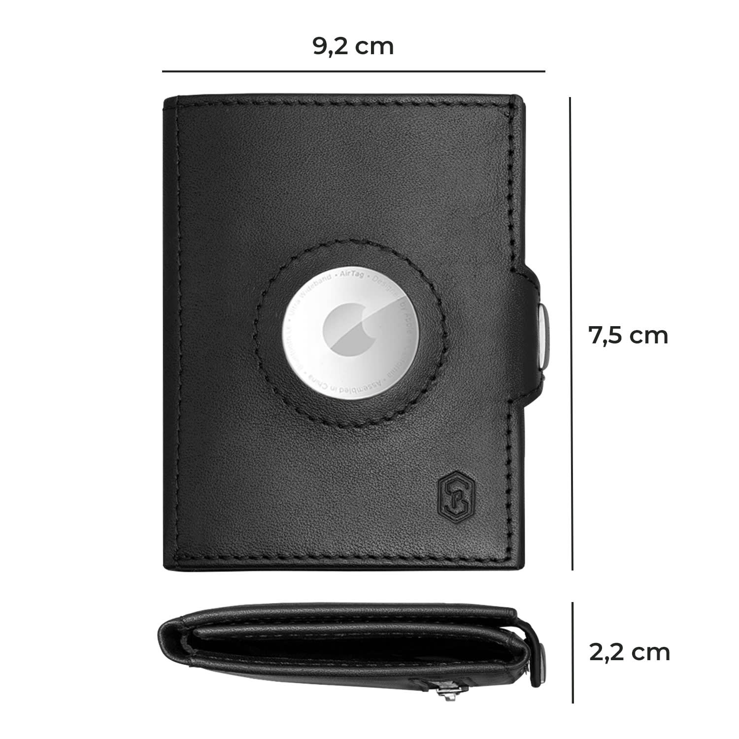 TRYO Trifold Airtag Wallet, 12 kariet, vrecko na mince, 9,2 x 2,2 x 7,5 cm (Š x V x H), ochrana RFID Čierna