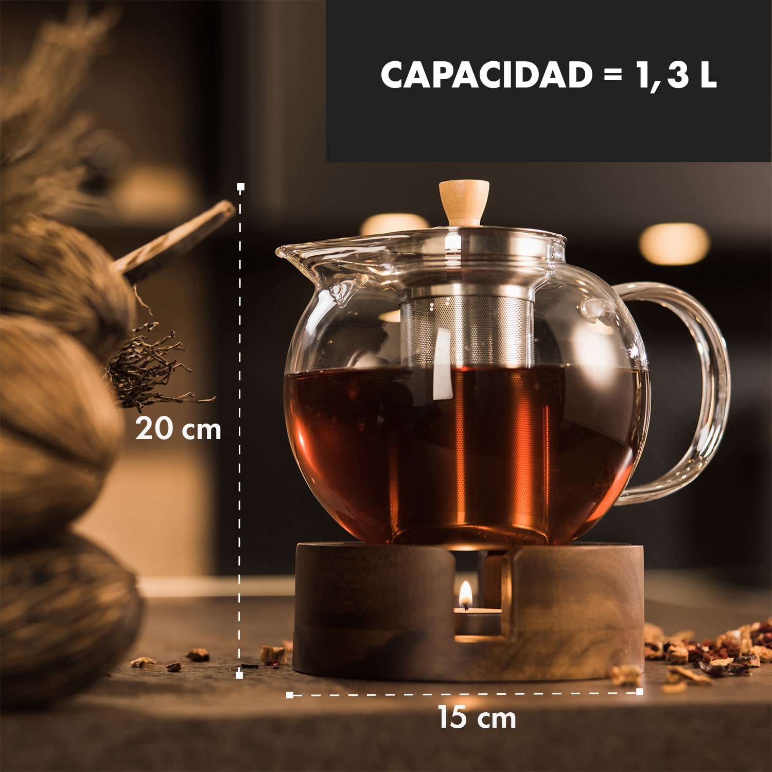 Sencha Tetera de diseño con calentador de madera Oolong 1,3L Filtro 