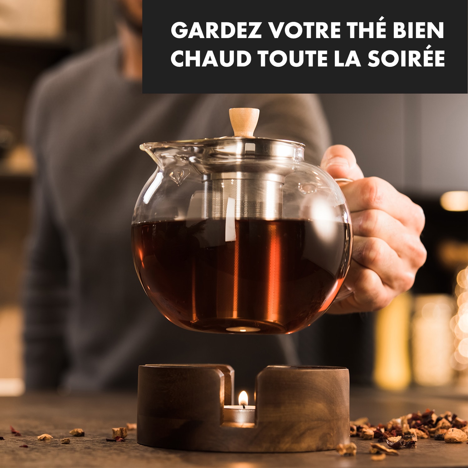 Sencha Théière design avec réchaud en bois oolong filtre amovible 1,3 L verre borosilicaté 