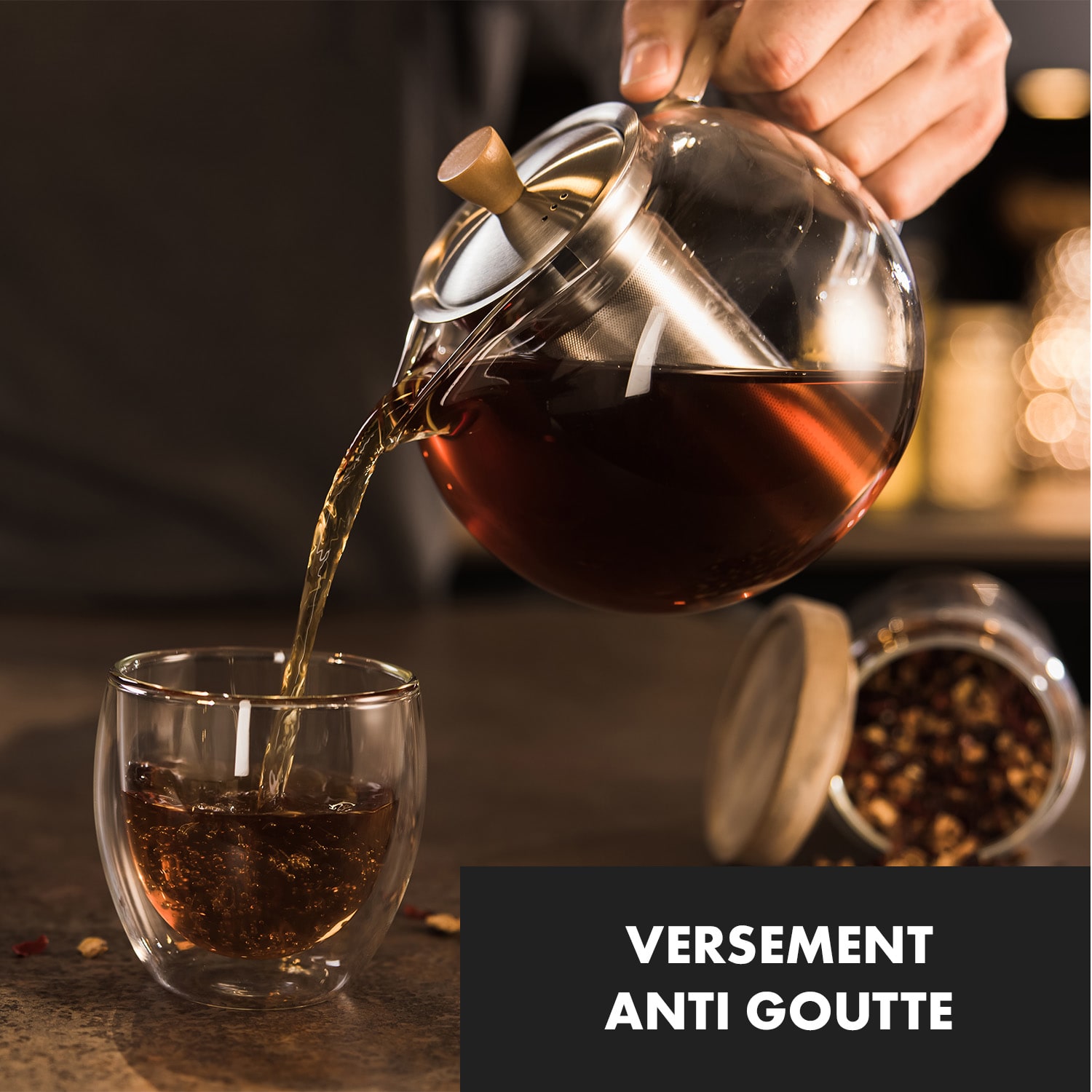 Sencha Théière design avec réchaud en bois oolong filtre amovible 1,3 L verre borosilicaté 
