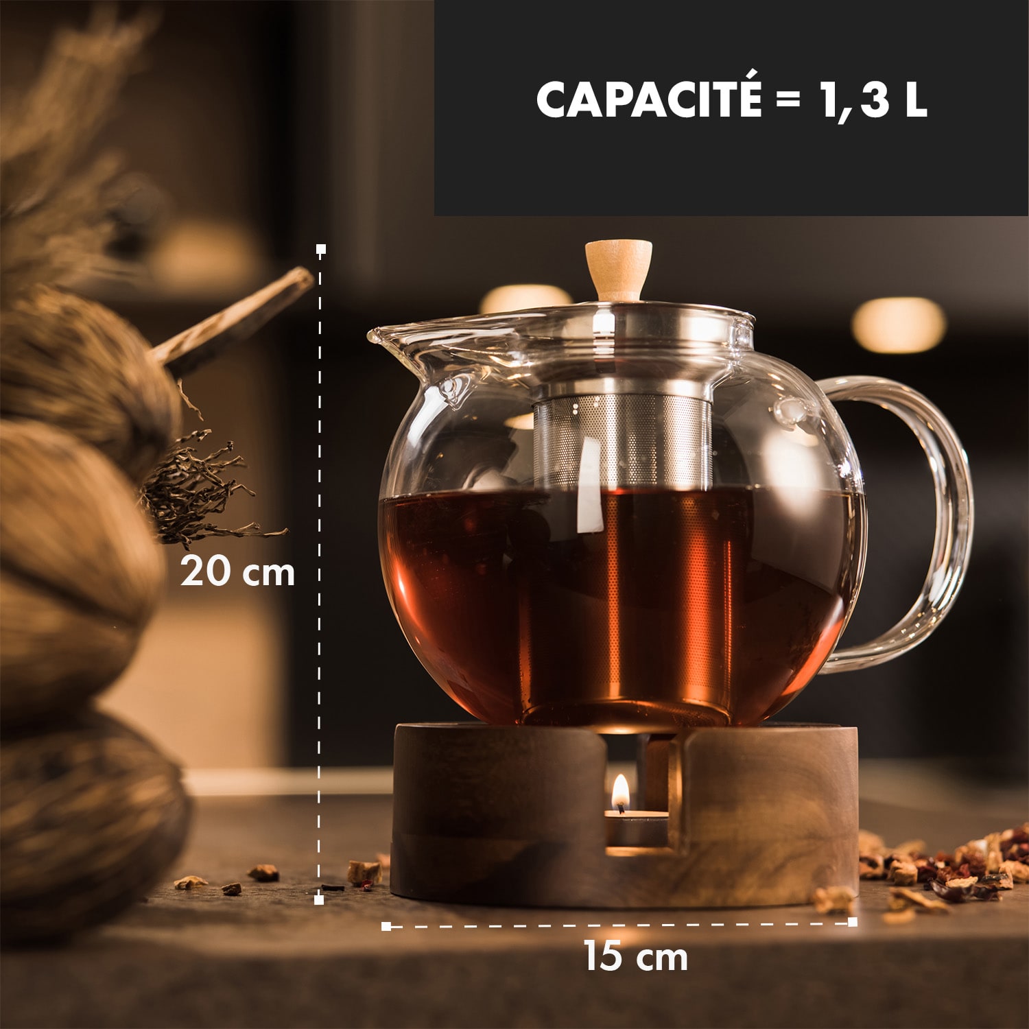Sencha Théière design avec réchaud en bois oolong filtre amovible 1,3 L verre borosilicaté 