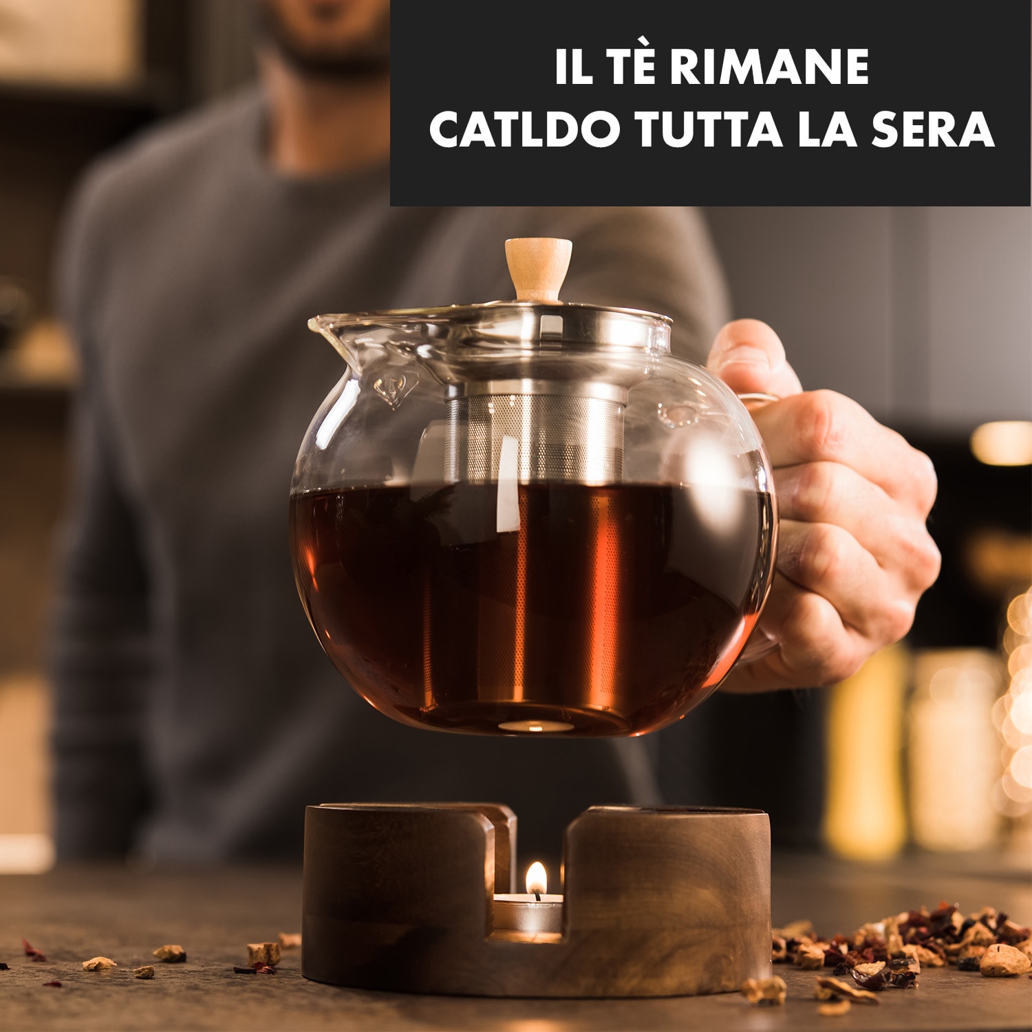 Sencha, teiera di design con scaldavivande di legno Oolong, 1,3 l, colino 