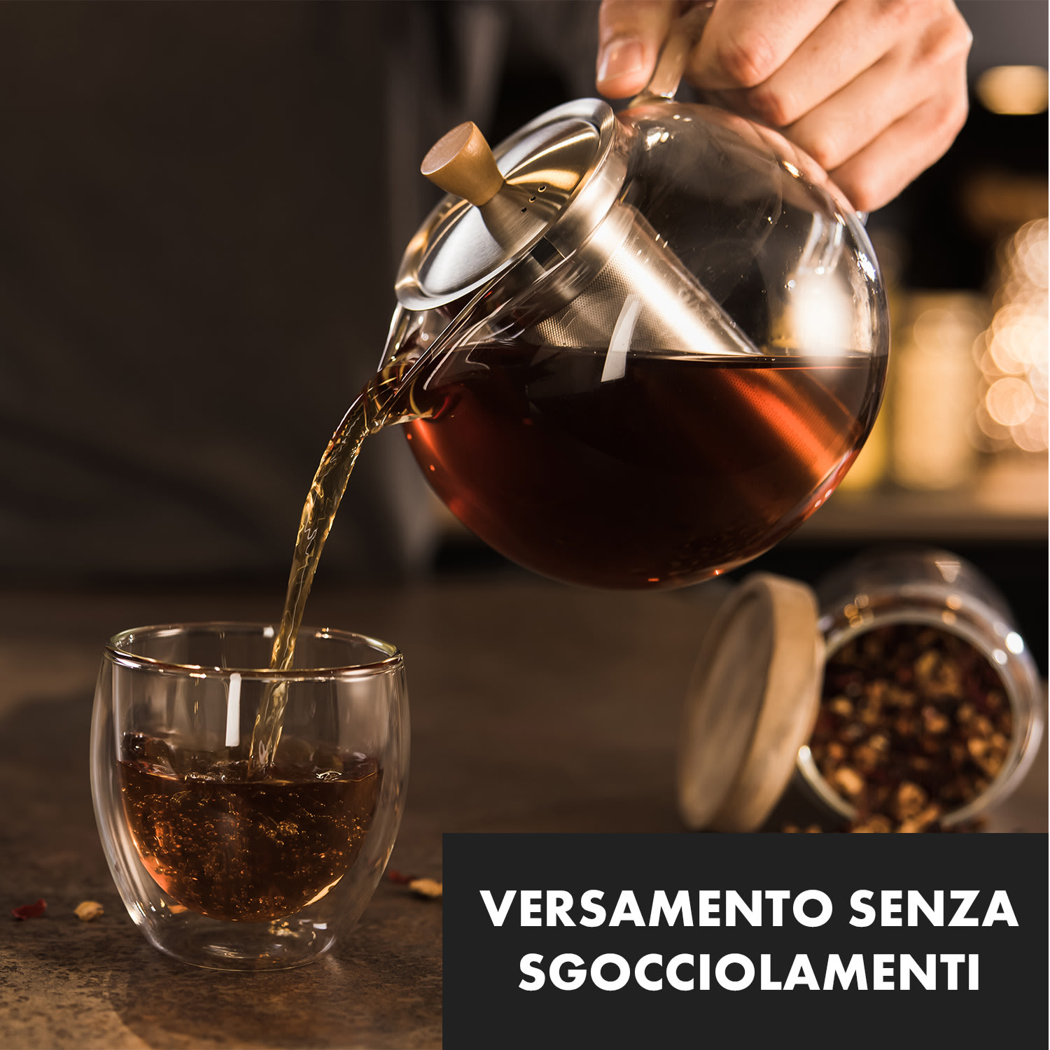 Sencha, teiera di design con scaldavivande di legno Oolong, 1,3 l, colino 