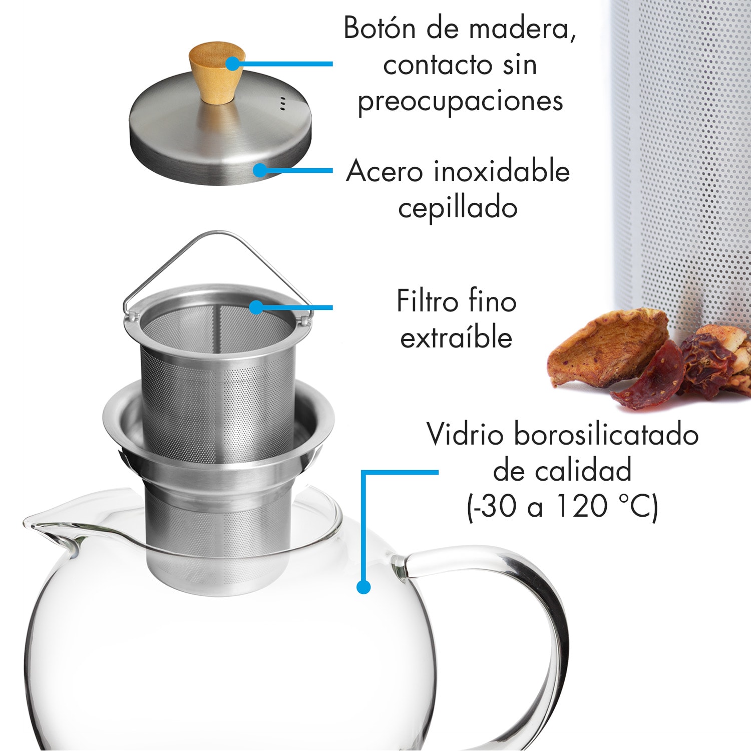 Tetera Sencha 1,8 l colador de acero inoxidable tapa de borosilicato 1,8 L