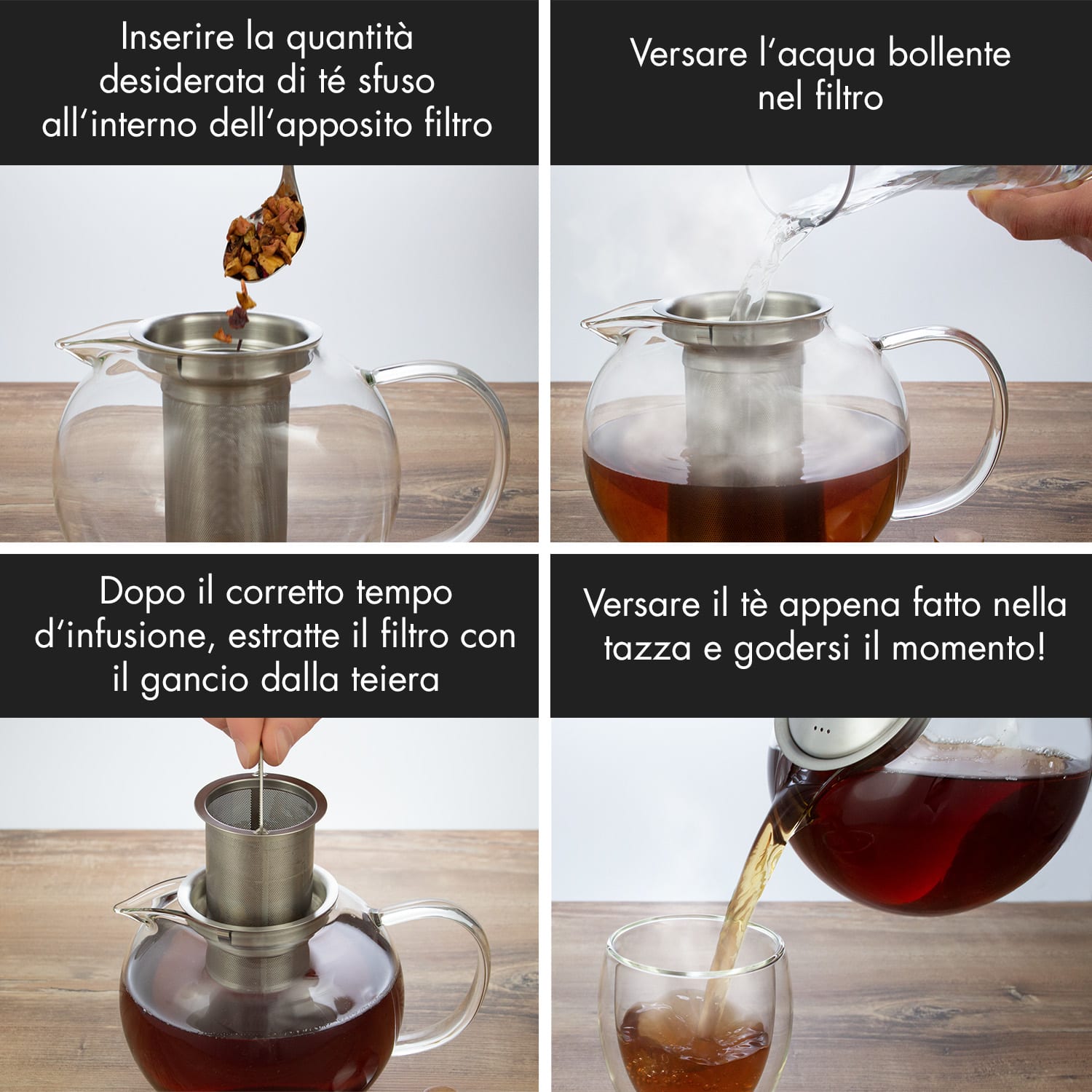 Sencha - Teiera, 1,8 l, filtro rimovibile di acciaio inox, vetro borosilicato, coperchio 1,8 L