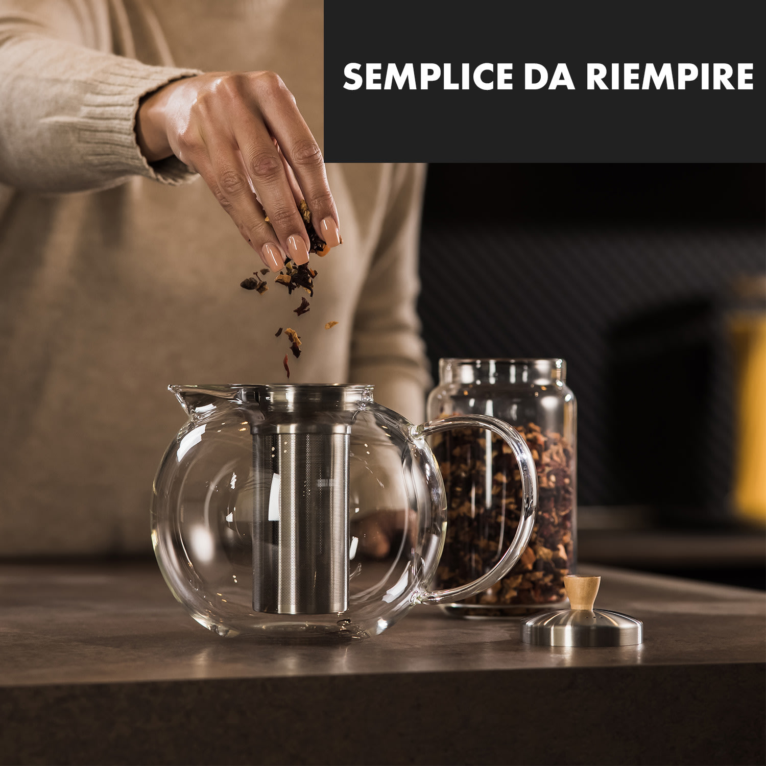 Sencha - Teiera, 1,8 l, filtro rimovibile di acciaio inox, vetro borosilicato, coperchio 1,8 L