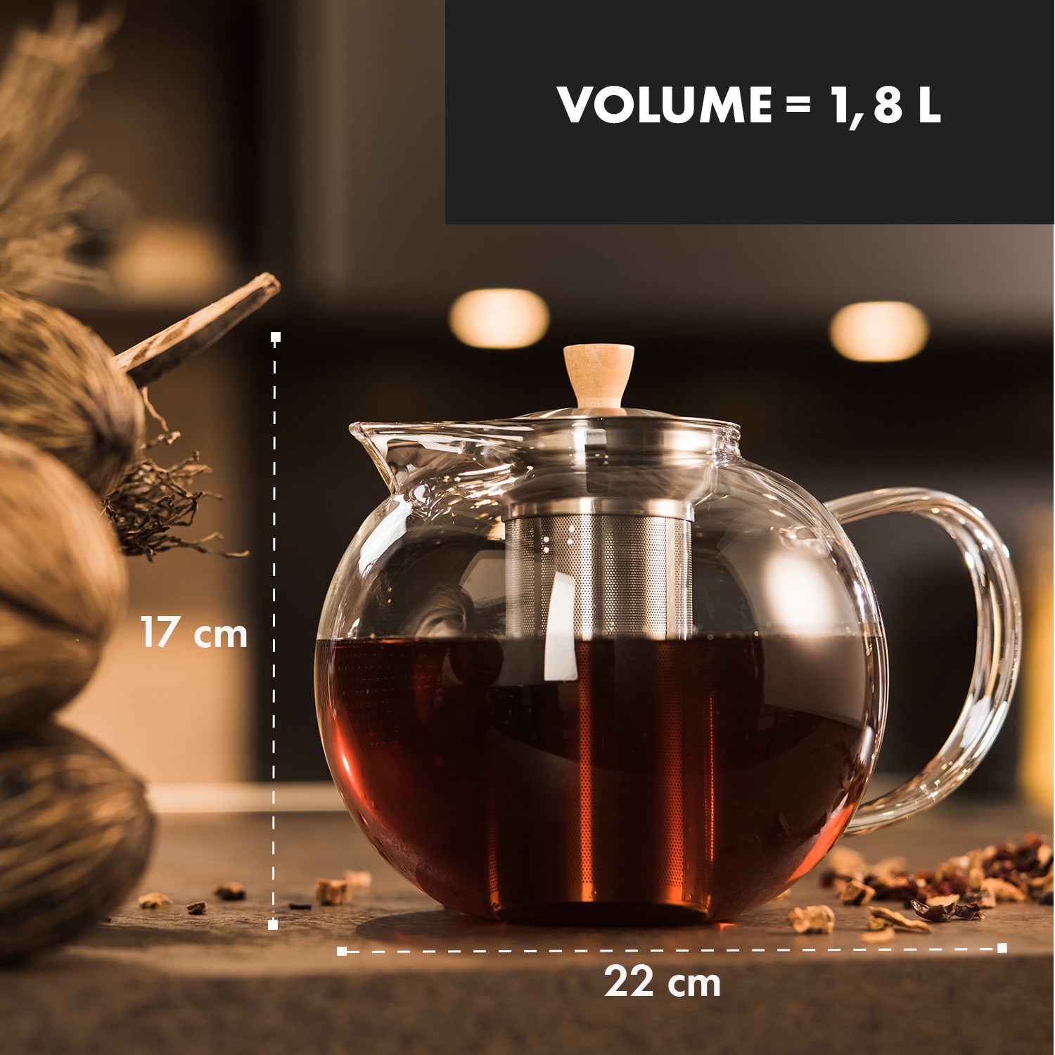 Sencha - Teiera, 1,8 l, filtro rimovibile di acciaio inox, vetro borosilicato, coperchio 1,8 L