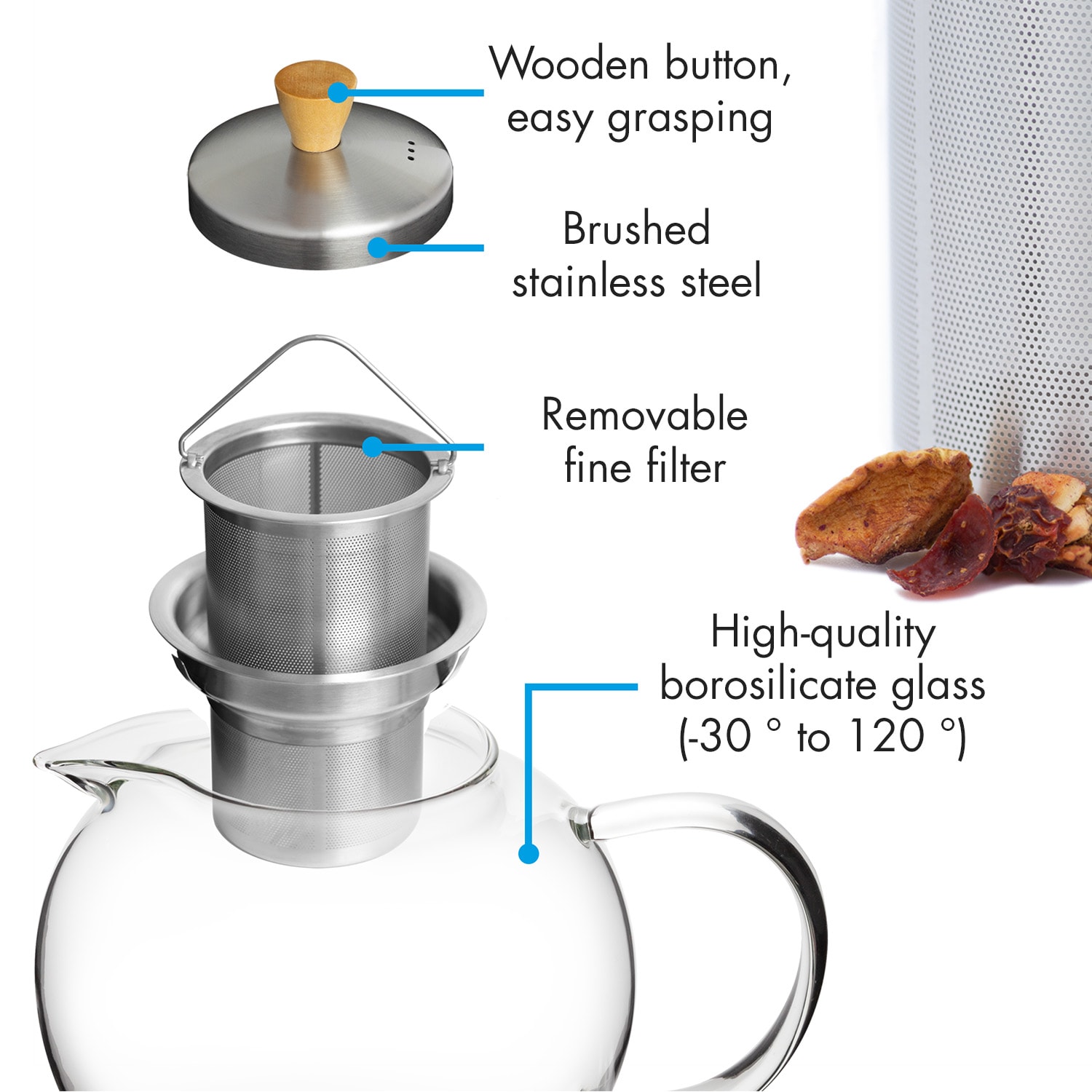 Tetera Sencha 1,8 l colador de acero inoxidable tapa de borosilicato