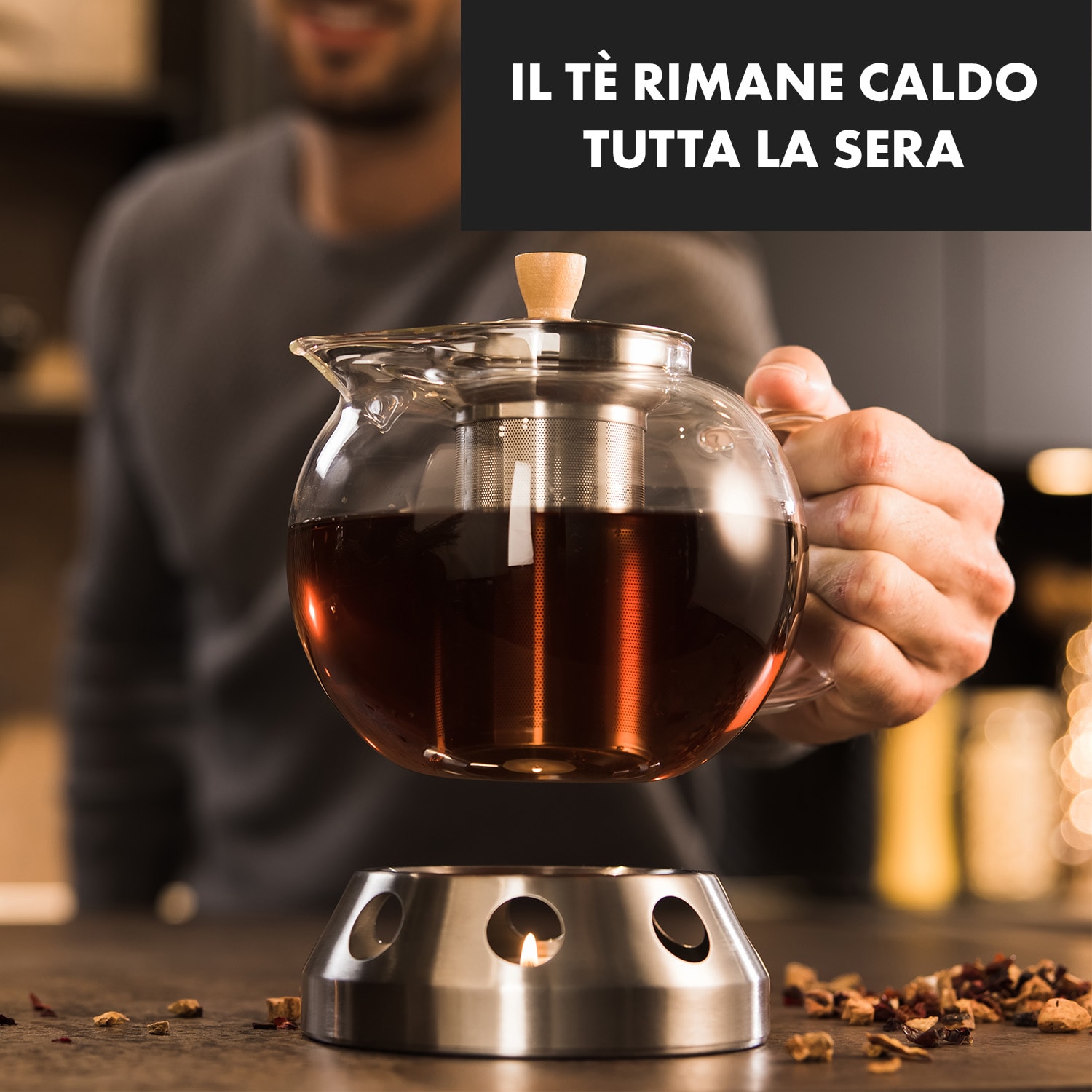 Sencha, teiera di design con scaldavivande d'acciaio inox Hibiscus, 1,3 l, colino 