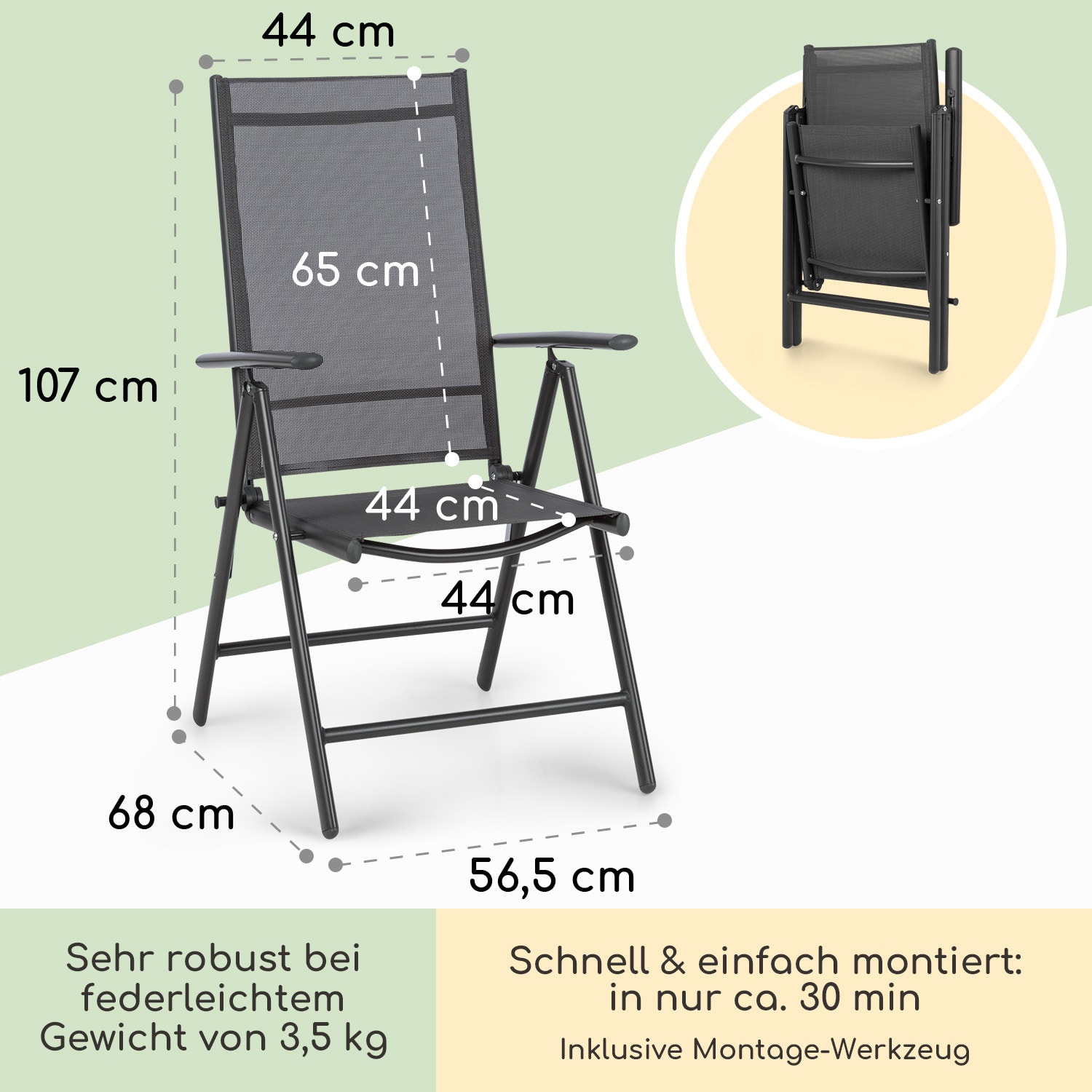 London Lite Klappstuhl 2-er-Set 56,5 x 107 x 68 cm ComfortMesh Aluminium 