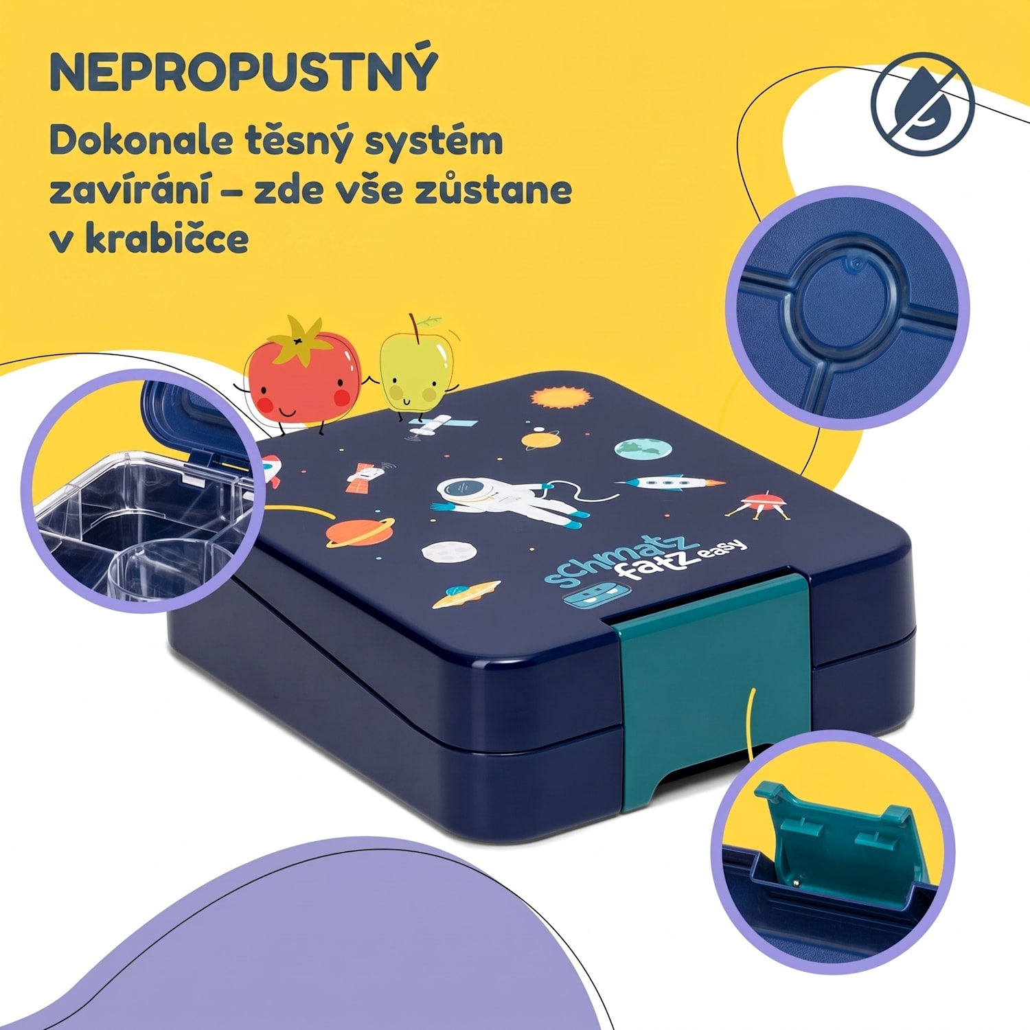 Schmatzfatz easy, svačinový box, 4 přihrádky, 18 × 15 × 5 cm Navy Space