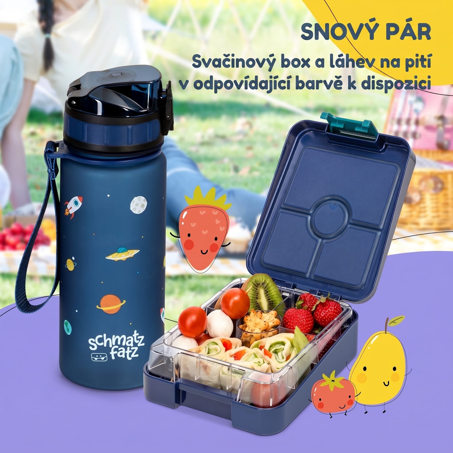 Schmatzfatz easy, svačinový box, 4 přihrádky, 18 × 15 × 5 cm Navy Space