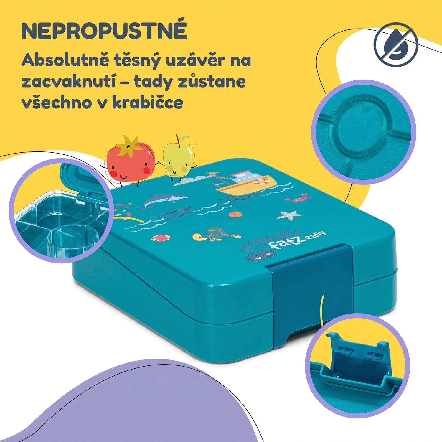 Schmatzfatz easy, svačinový box, 4 přihrádky, 18 × 15 × 5 cm Petrol Sea